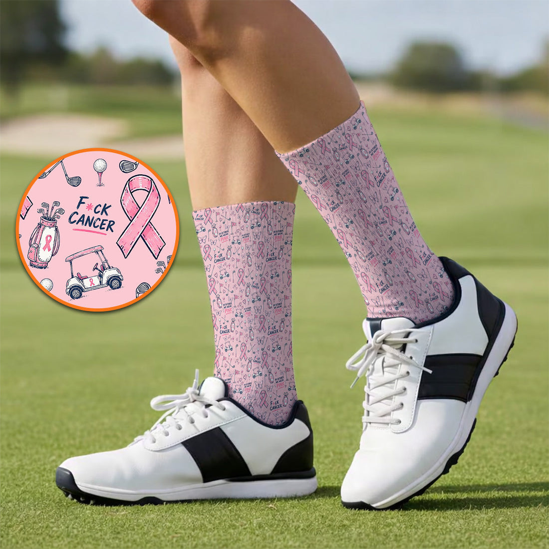 Fight Cancer Golf Socks, Pink Ribbon Golf Cart Pattern Sock, Breast Cancer Awareness Gift for Golfers