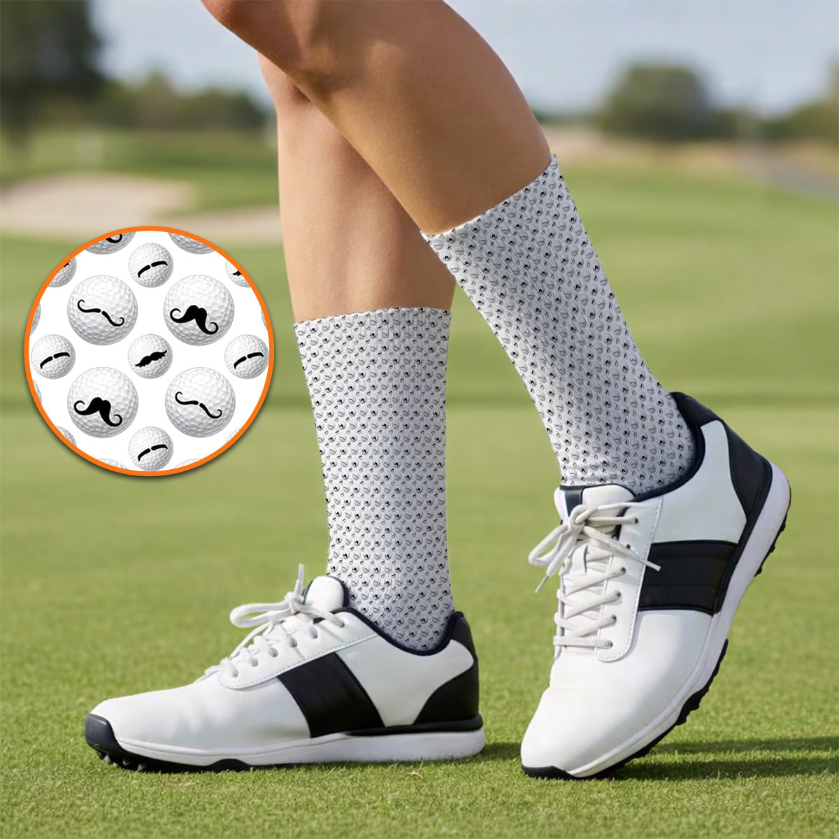 Mustache Golf Ball Socks, Funny Movember Golf Pattern Sock, Gift for Golfers
