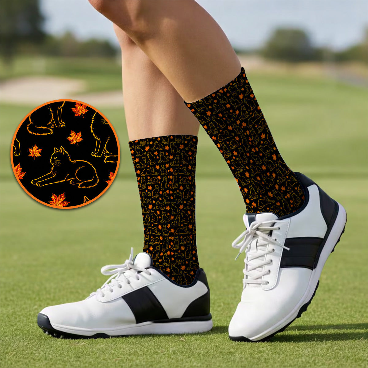 Autumn Black Longhair Cat Golf Sock, Black Longhair Cat Pattern Golf Socks, Cat Lovers Golf Gift