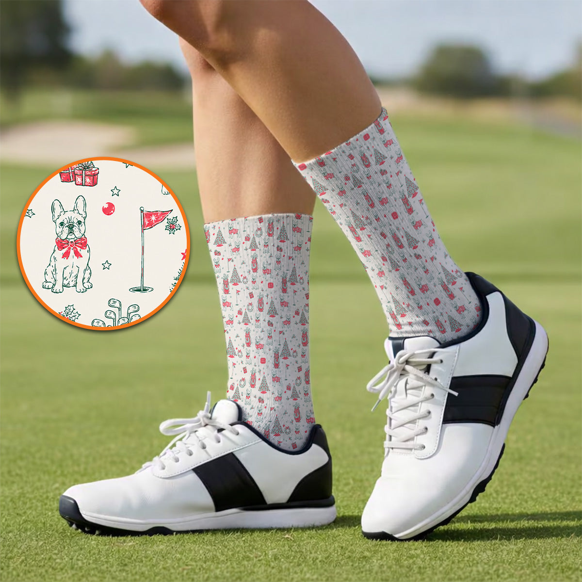 French Bulldog Christmas Golf Socks, Festive Dog Golf Pattern Sock, Funny Xmas Golf Gift for Golfers