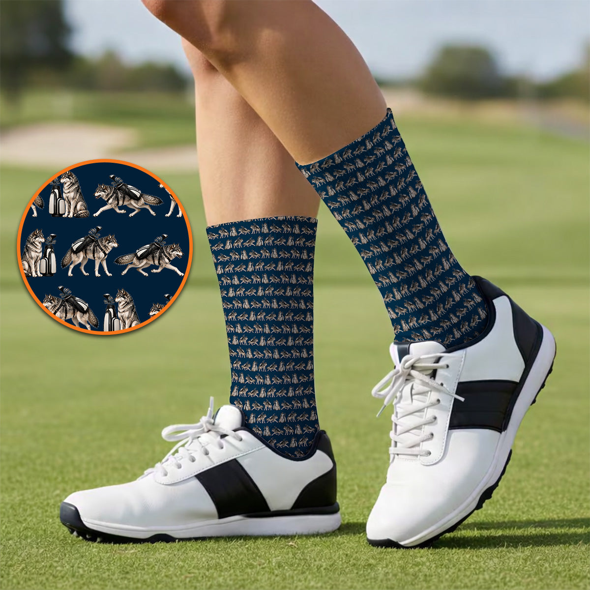 Wolf Golf Pattern Socks, Wild Wolf Golfing Sock, Unique Wolf Golf Gift for Golfers
