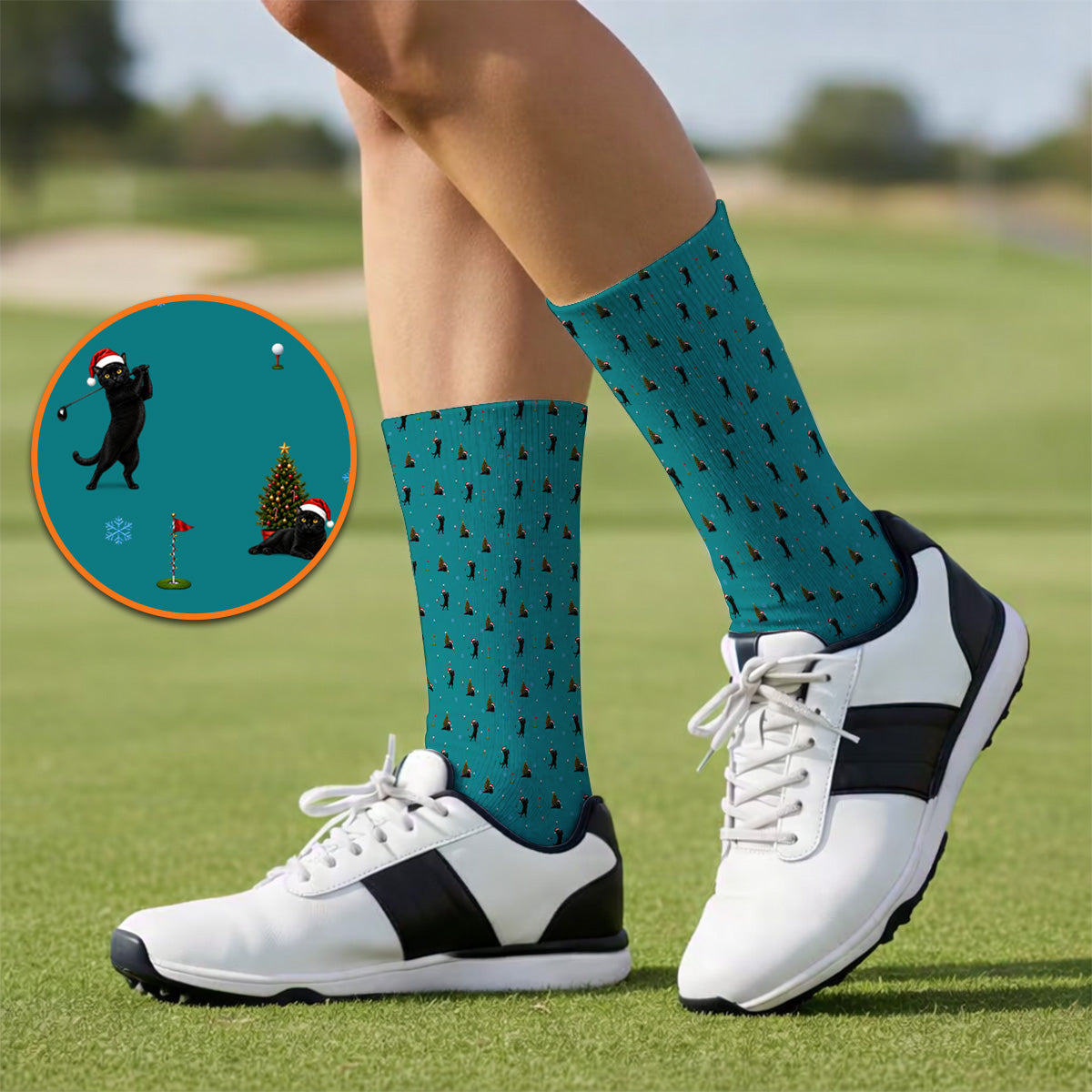 Black Cat Christmas Golf Socks, Funny Cat Pattern Golf Sock, Xmas Golf Gift for Golfers