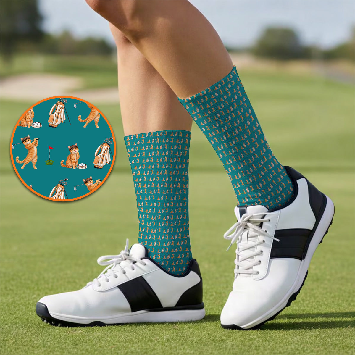 Crazy Orange Cat Golf Socks, Ginger Cat Playing Golf Pattern Golf Sock, Unique Golf Gift for Cat Lovers