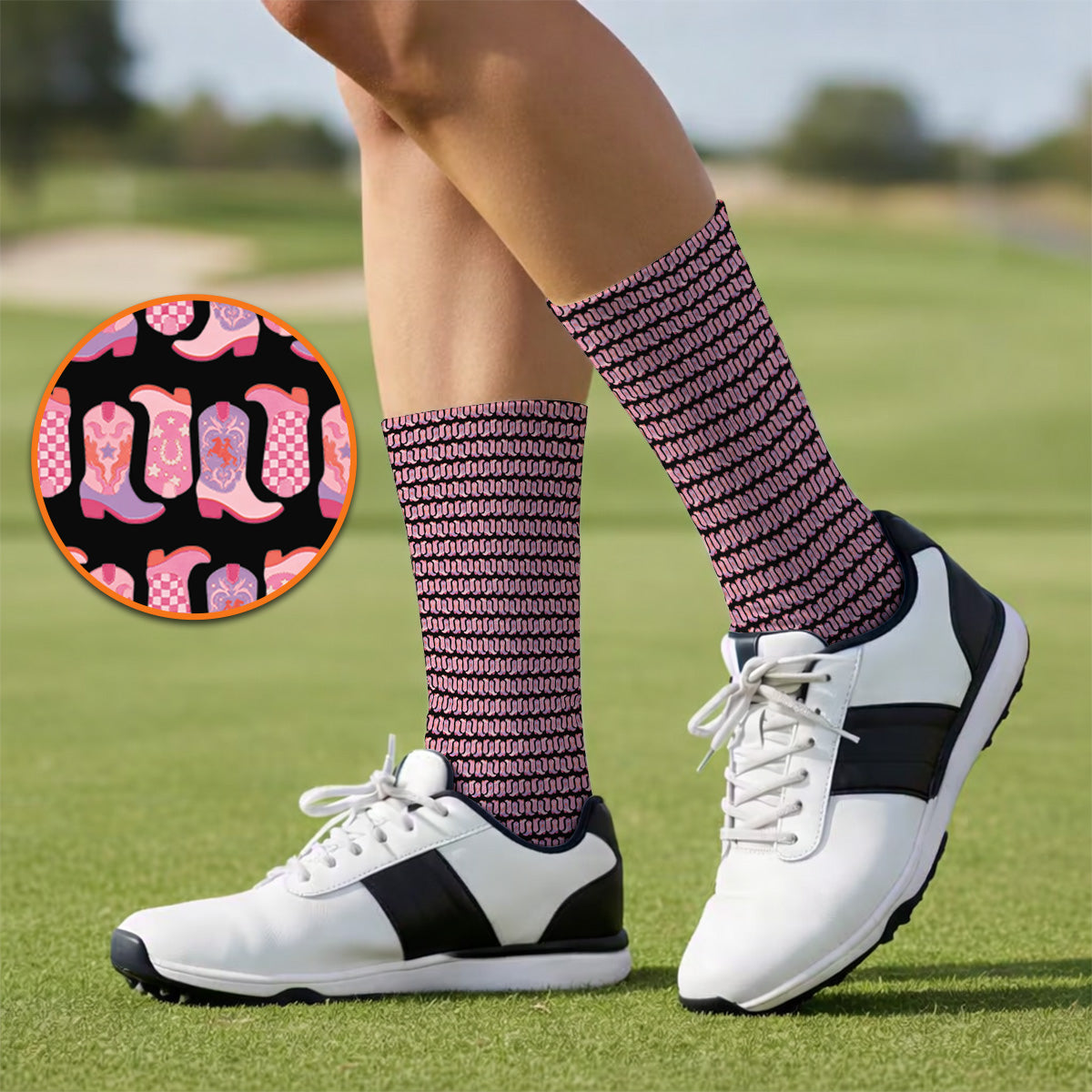 Pink Cowgirl Golf Socks, Western Cowboy Boots Pattern Golf Sock, Crazy Golf Gift For Golfers