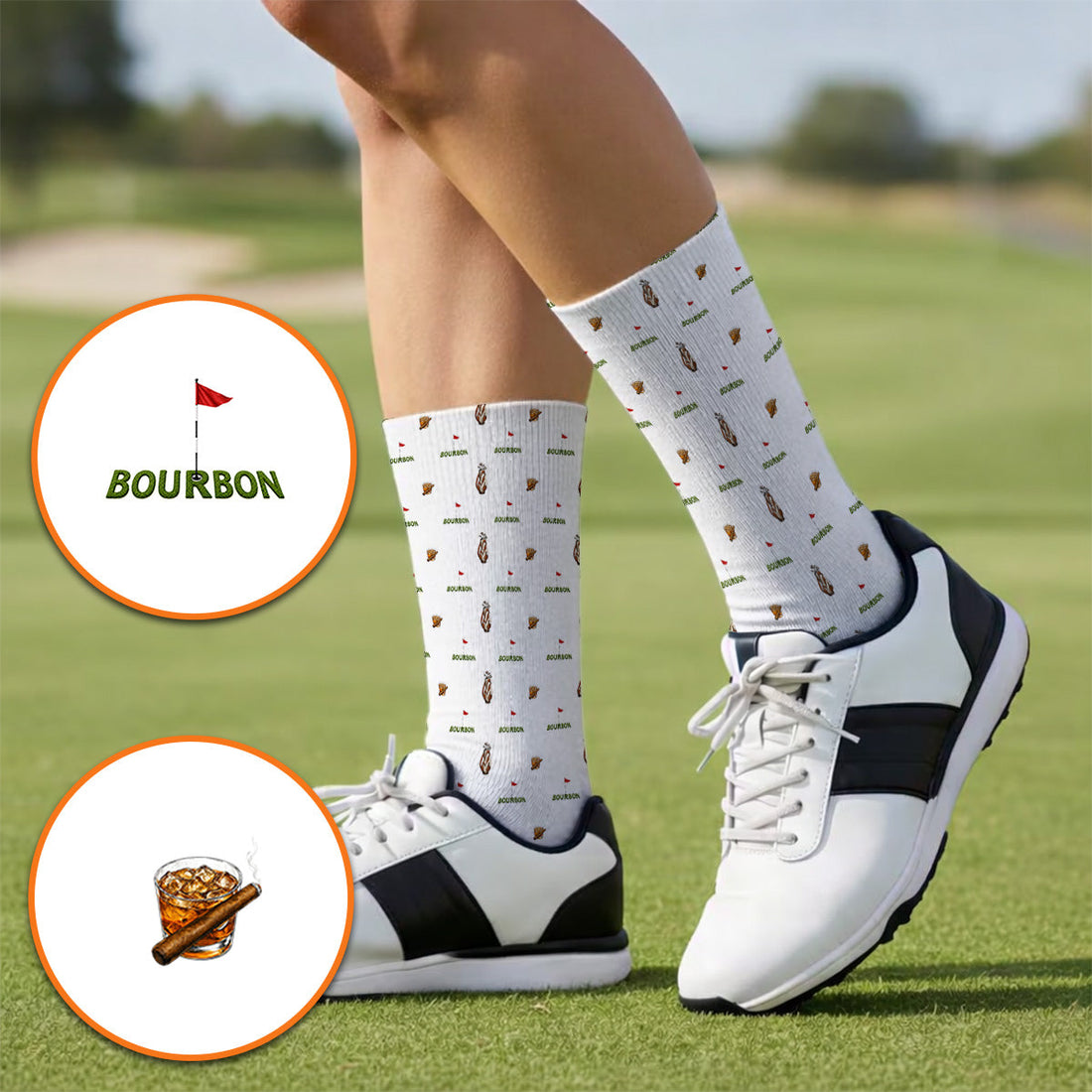 Bourbon & Cigar Golf Socks, Whiskey Golf Pattern Sock, Funny Bourbon Gift For Golfers