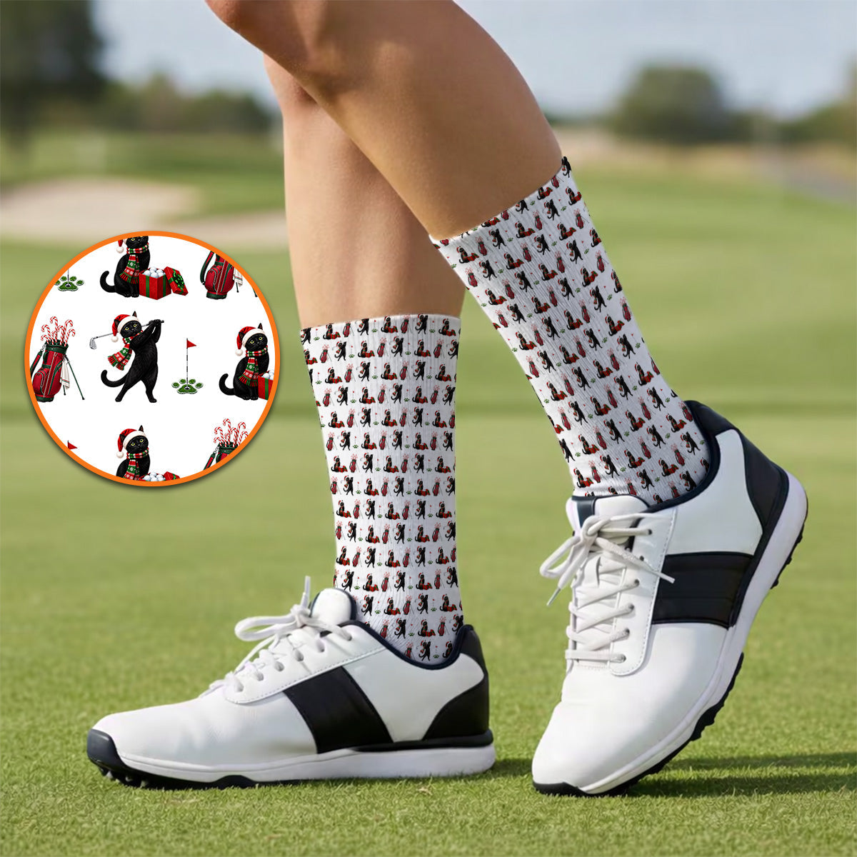 Black Cat Christmas Golf Socks, Festive Cat Patterm Golf Sock, Funny Holiday Golf Gift For Golfer