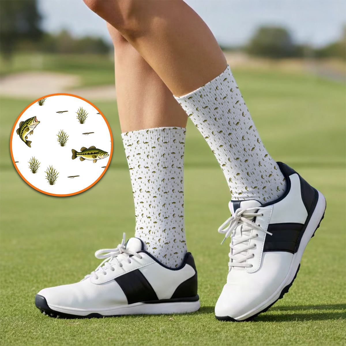 Crazy Bass Fishing Golf Socks, Largemouth Bass Pattern Golf Sock, Golf Gift For Fishing Enthusiasts