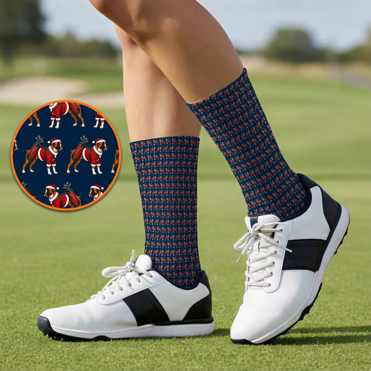 Boxer Dog Christmas Pattern Golf Socks, Santa Boxer Golf Sock, Boxer Lover Holiday Golf Gift For Golfer