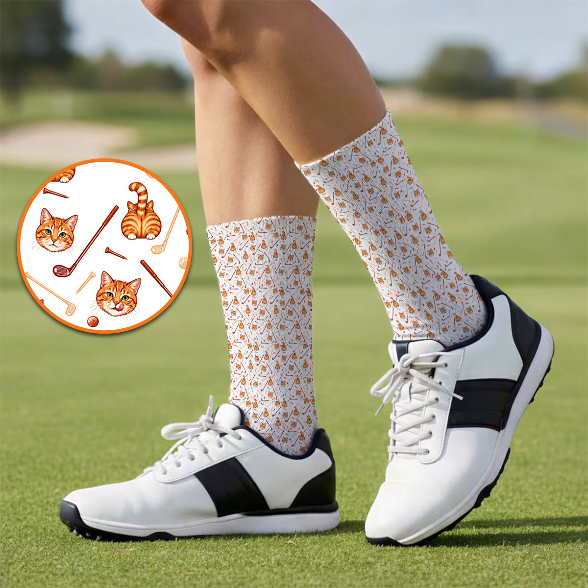 Orange Tabby Cat Golf Sock, Funny Cat Butt & Golf Pattern Socks, Unique Golf Apparel Gift for Cat Lovers