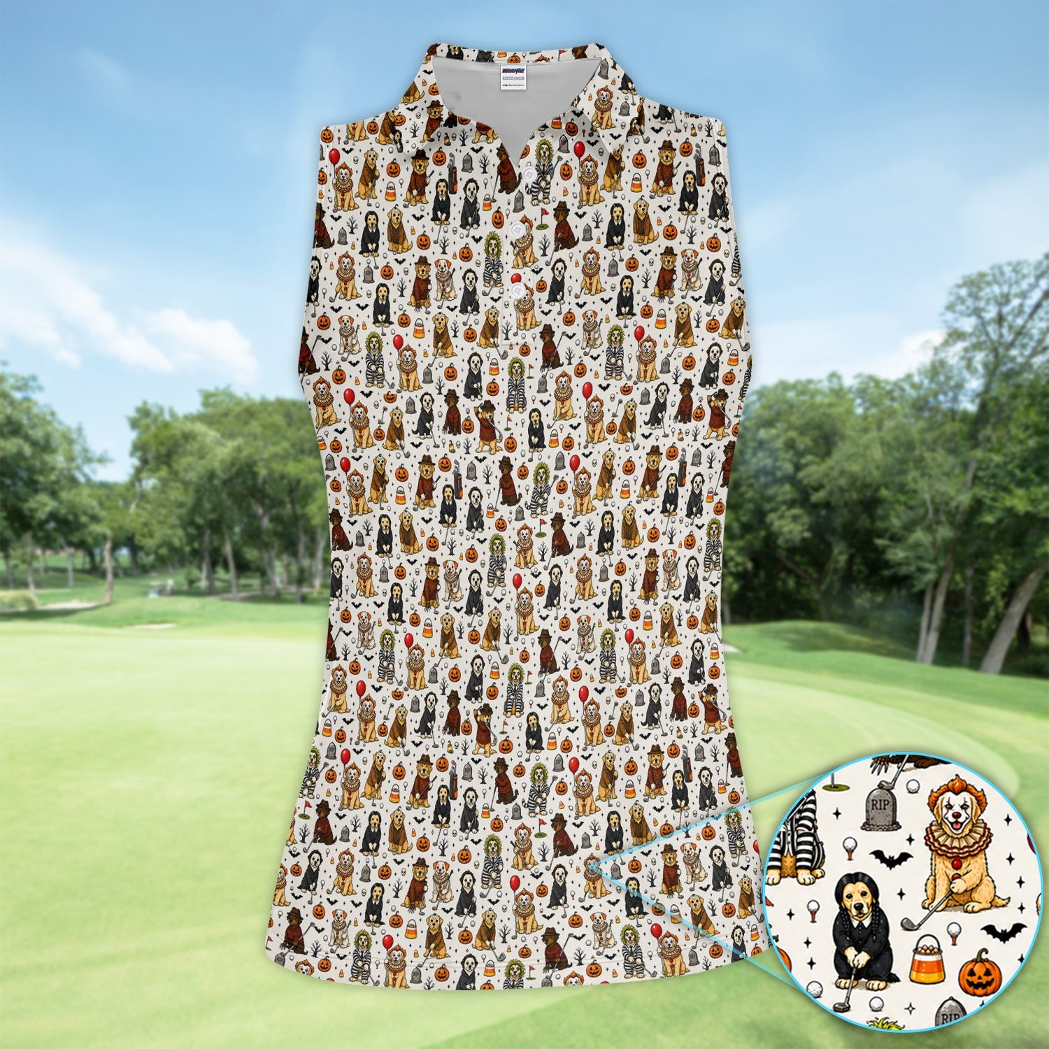 Funny Horror Dog Halloween Golf Pattern Shirt, Spooky Movie Dog Golf Shirt For Women, Halloween Golf Gift