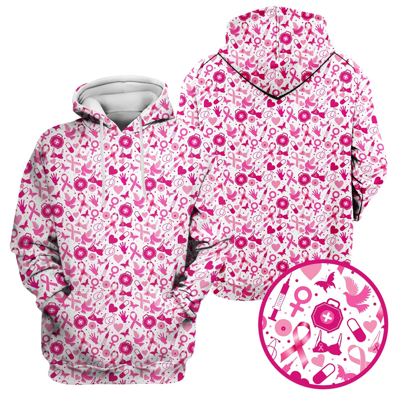 Breast Cancer Awareness Shirt - Pink Ribbon & Nurse Icons Pattern - Gift for RN LPN Healthcare Workers