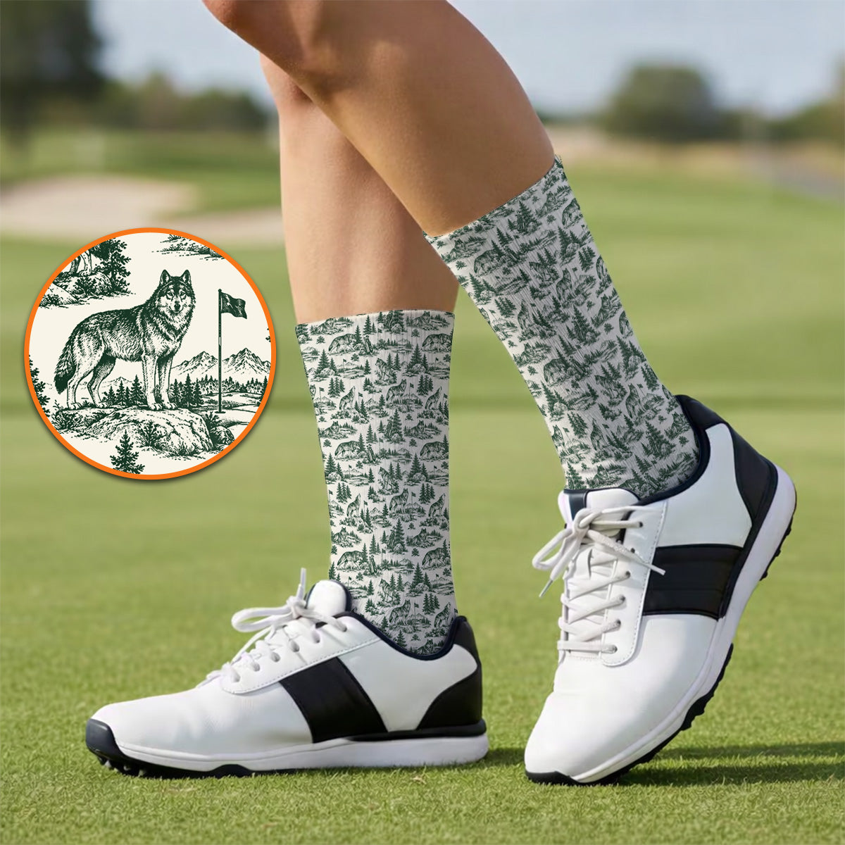 Vintage Wolf Golf Socks, Wilderness Wolf Pattern Golf Sock, Nature Inspired Golf Gift for Golfers