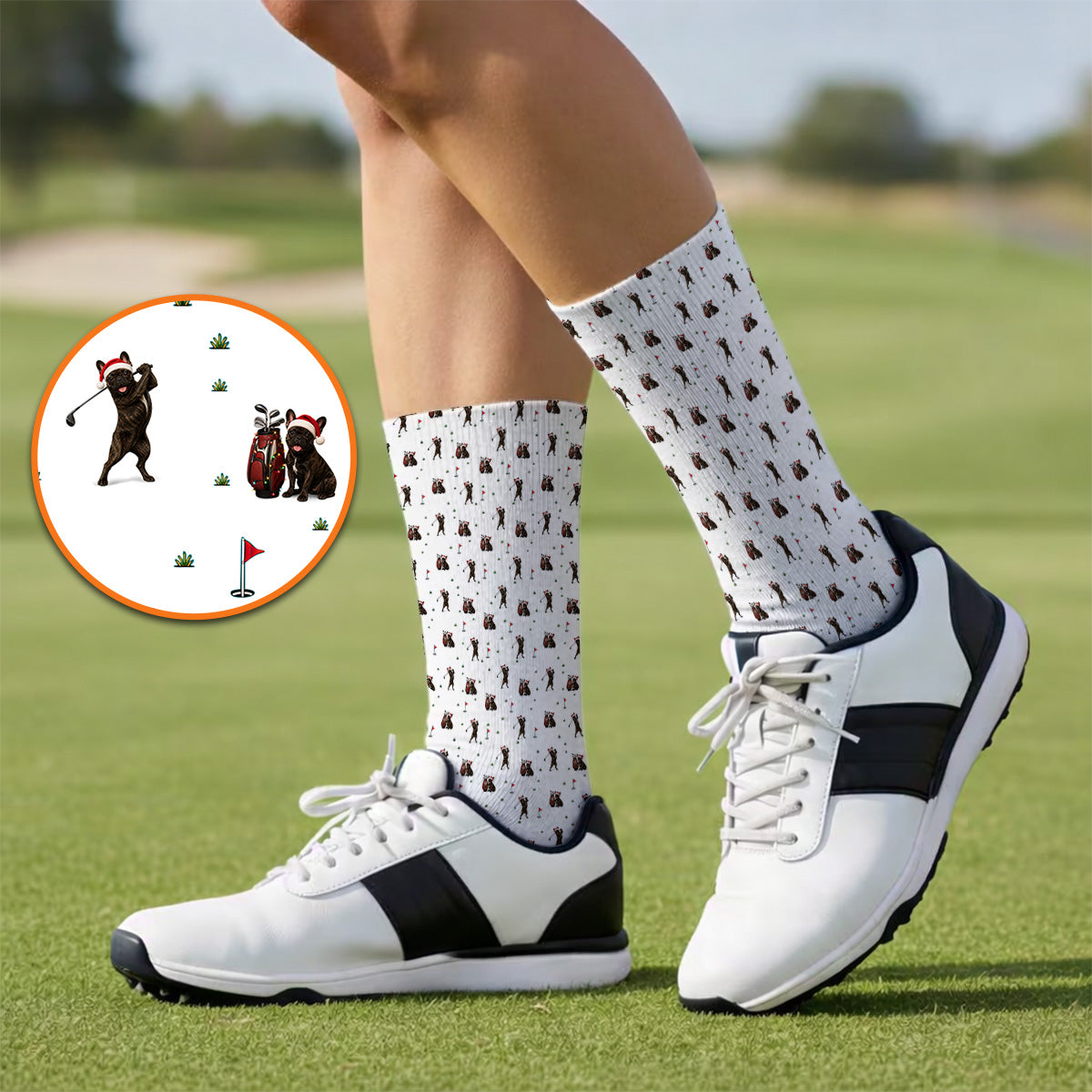 Christmas French BullDog Golfer Socks, Xmas French BullDog Golf Pattern Sock, Holiday Golf Gift for Golfers