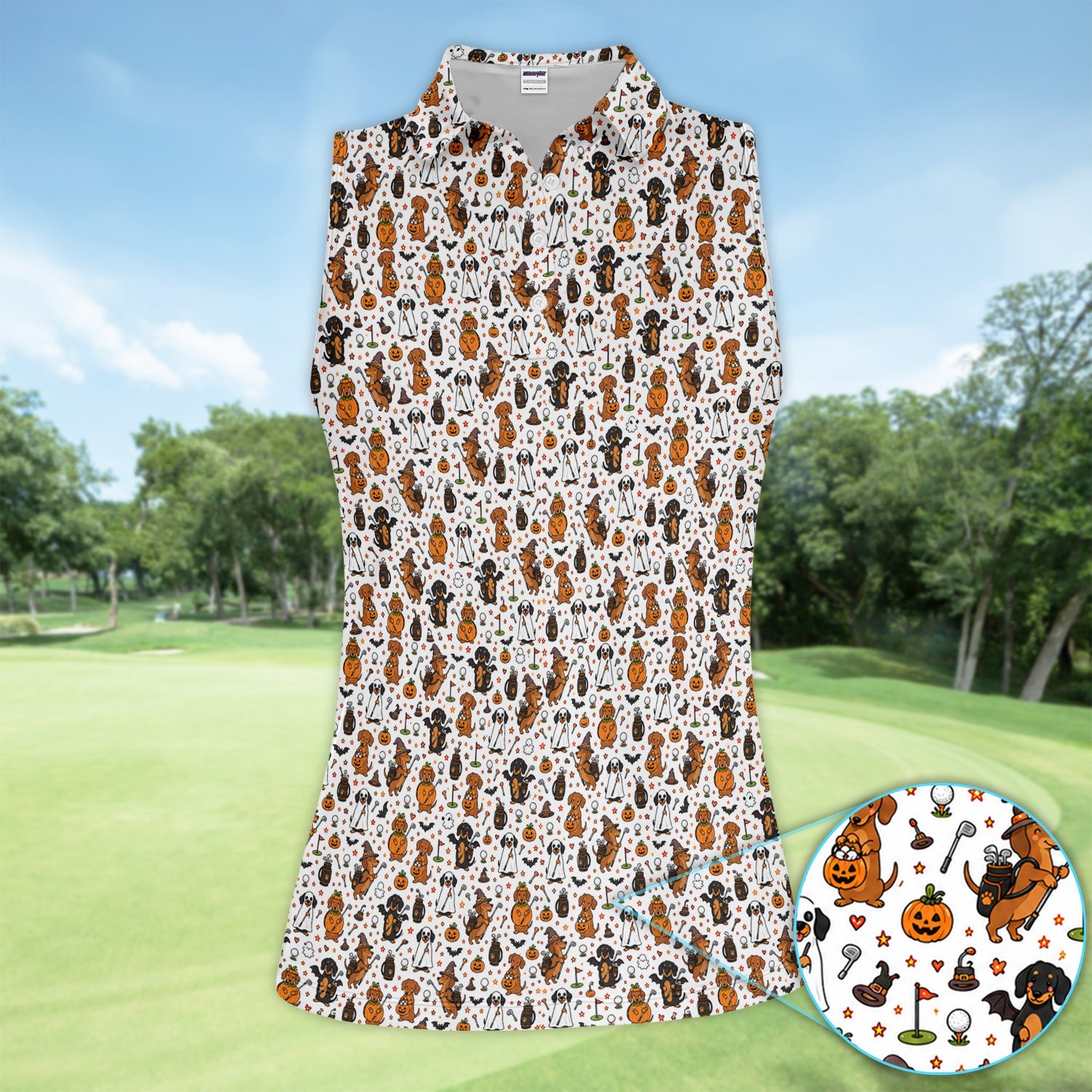 Halloween Dog Golf Polo Shirt for Women– Funny Spooky Golfer Pattern Polo