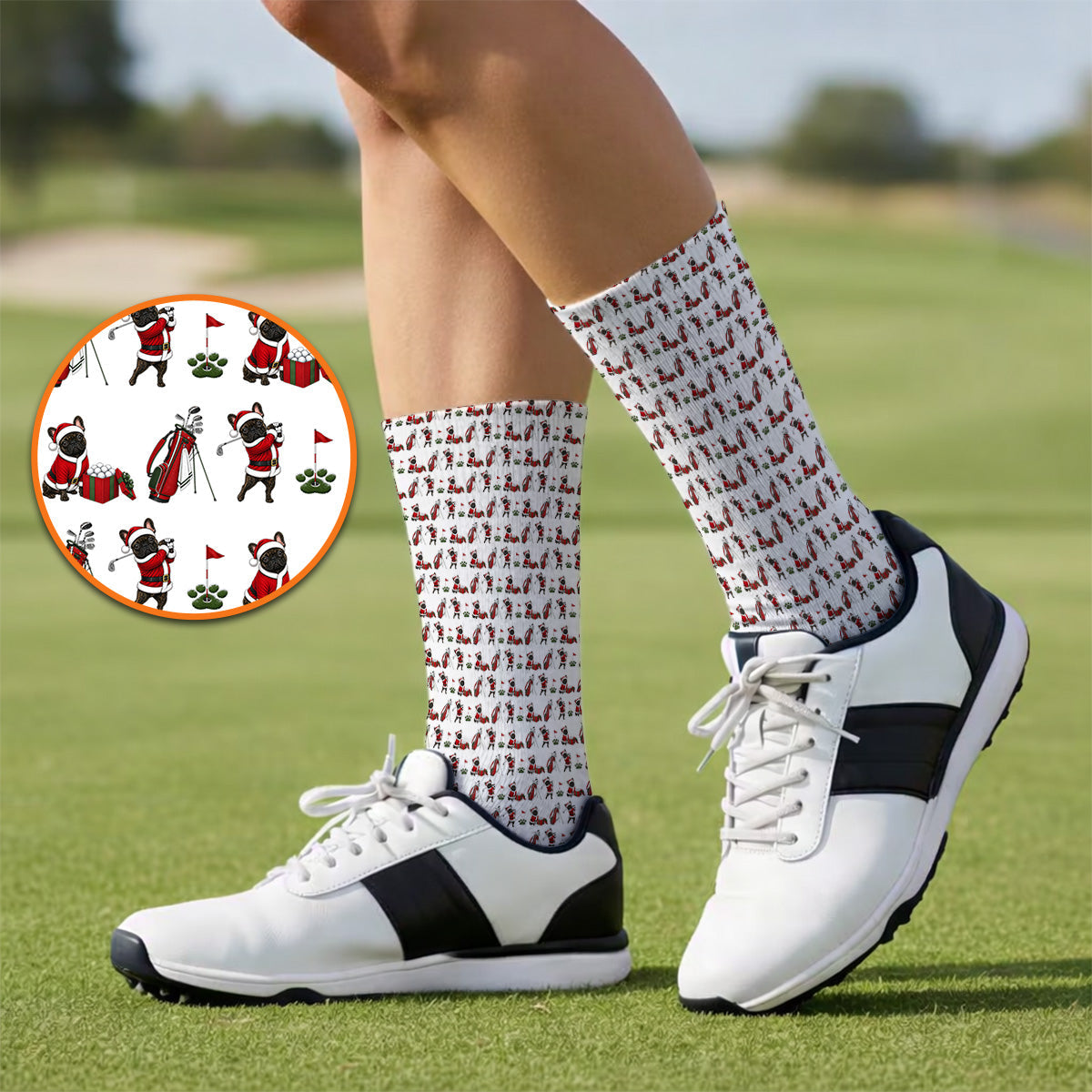 Christmas French BullDog Pattern Golf Socks, Funny Santa French BullDog Holiday Golf Sock, Xmas Golf Gift For Golfers