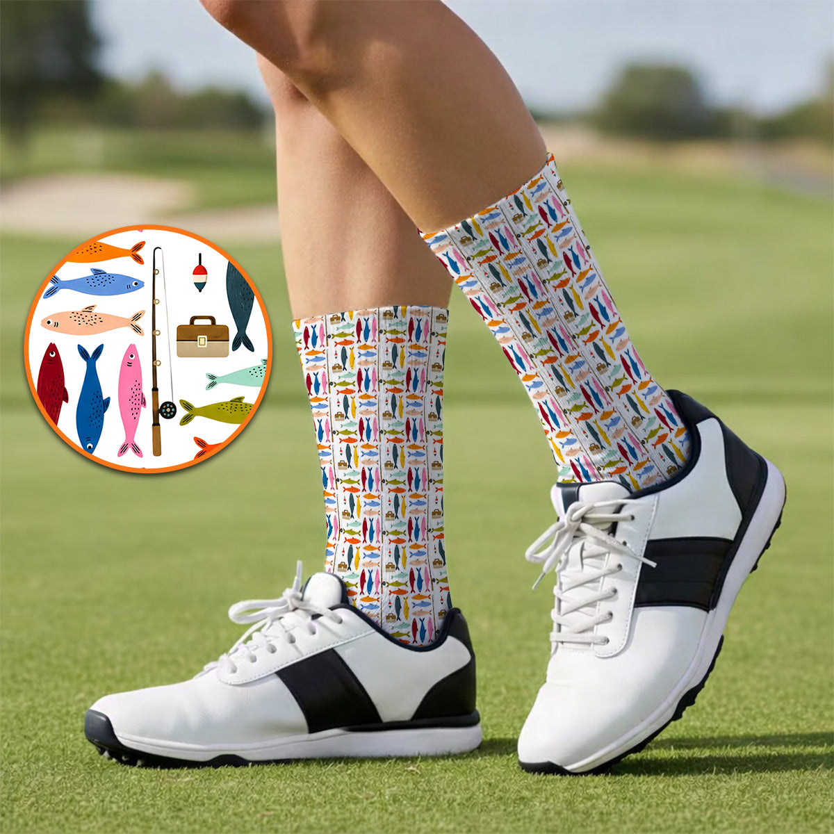 Colorful Fish Pattern Golf Socks, Fishing Rod Pattern Golf Sock, Crazy Golf Gift For Anglers and Fishermen