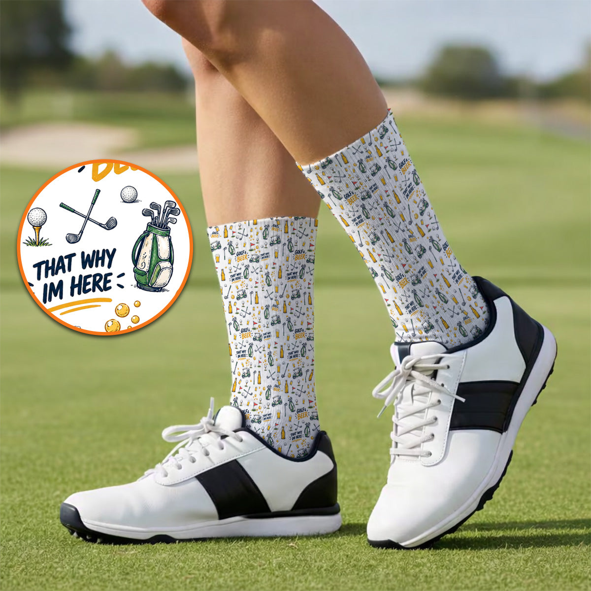 Funny Golf & Beer Socks, Golf Cart And Beer Pattern Golf Sock, That’s Why I’m Here Golf Gift For Golfer