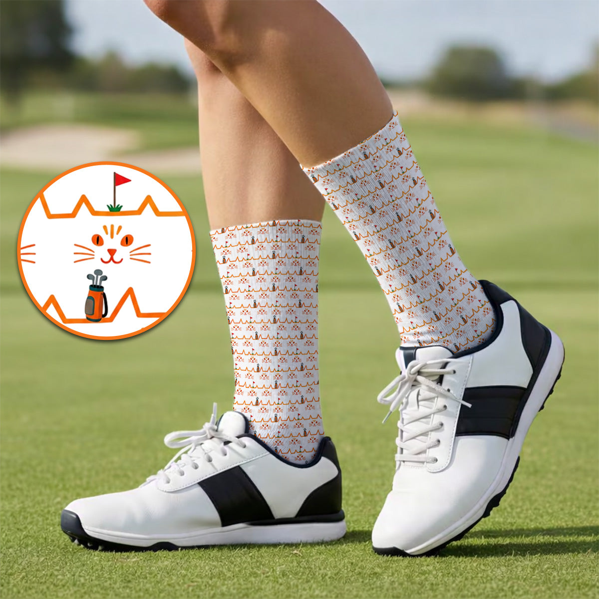 Cat Lover Golf Socks, Turquoise Cat Face & Golf Bag Pattern Golf Sock, Funny Kitty Golf Gift for Golfers