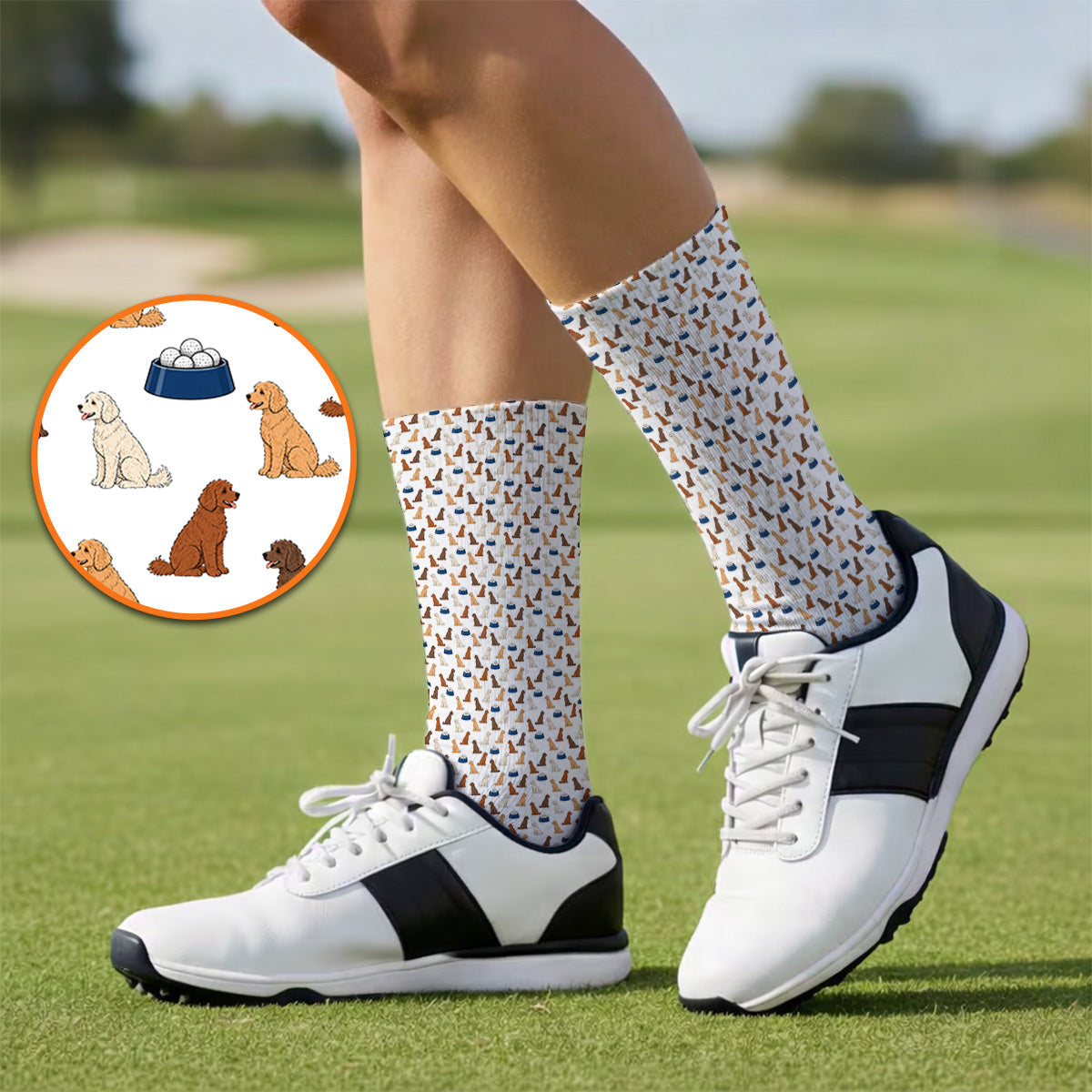 Funny Goldendoodle Pattern Golf Socks, Doodle Dog & Golf Ball Sock, Golf Gift for Golfers
