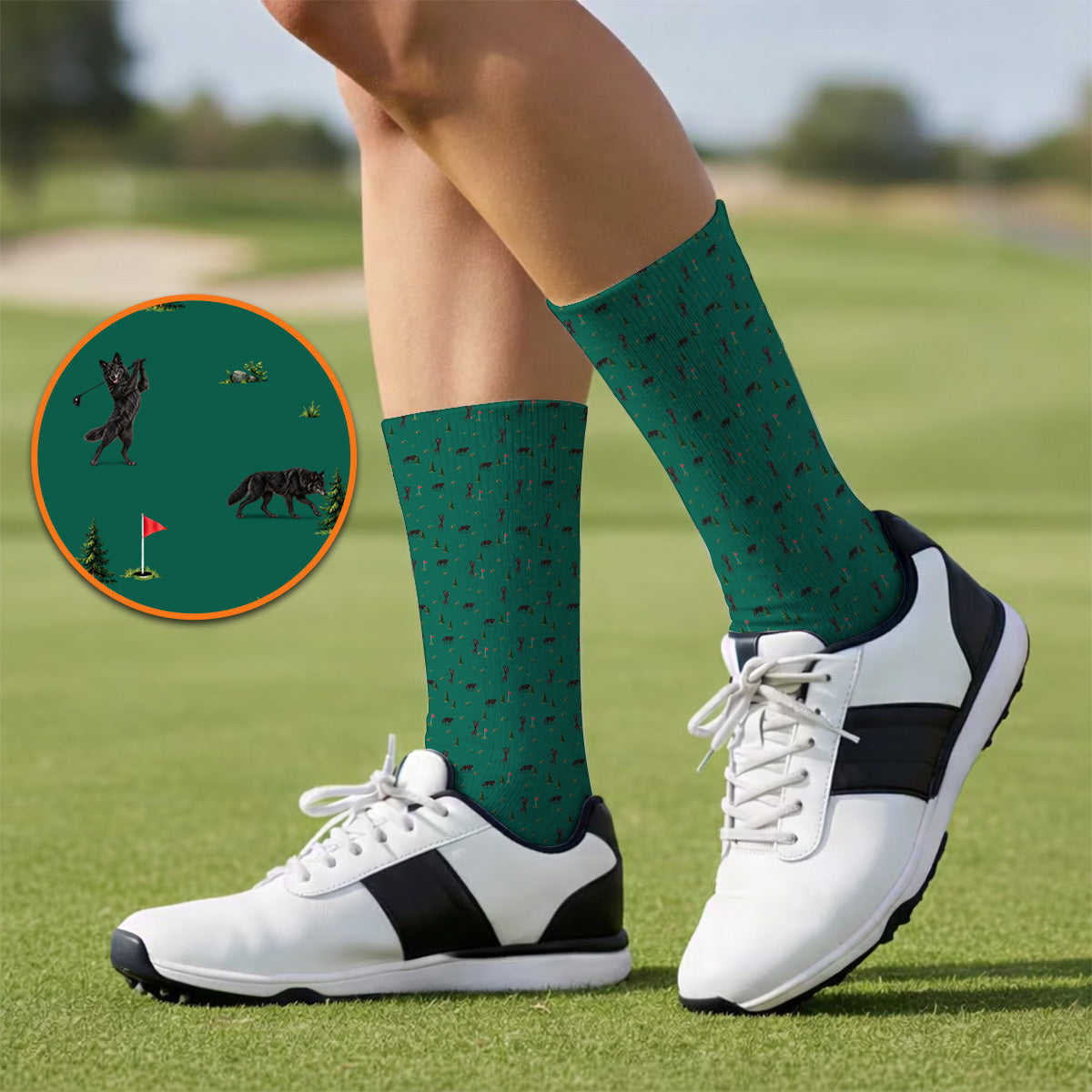 Black Wolf Pattern Golf Socks, Crazy Wolf Golf Sock, Wilderness Golf Gift for Golfers