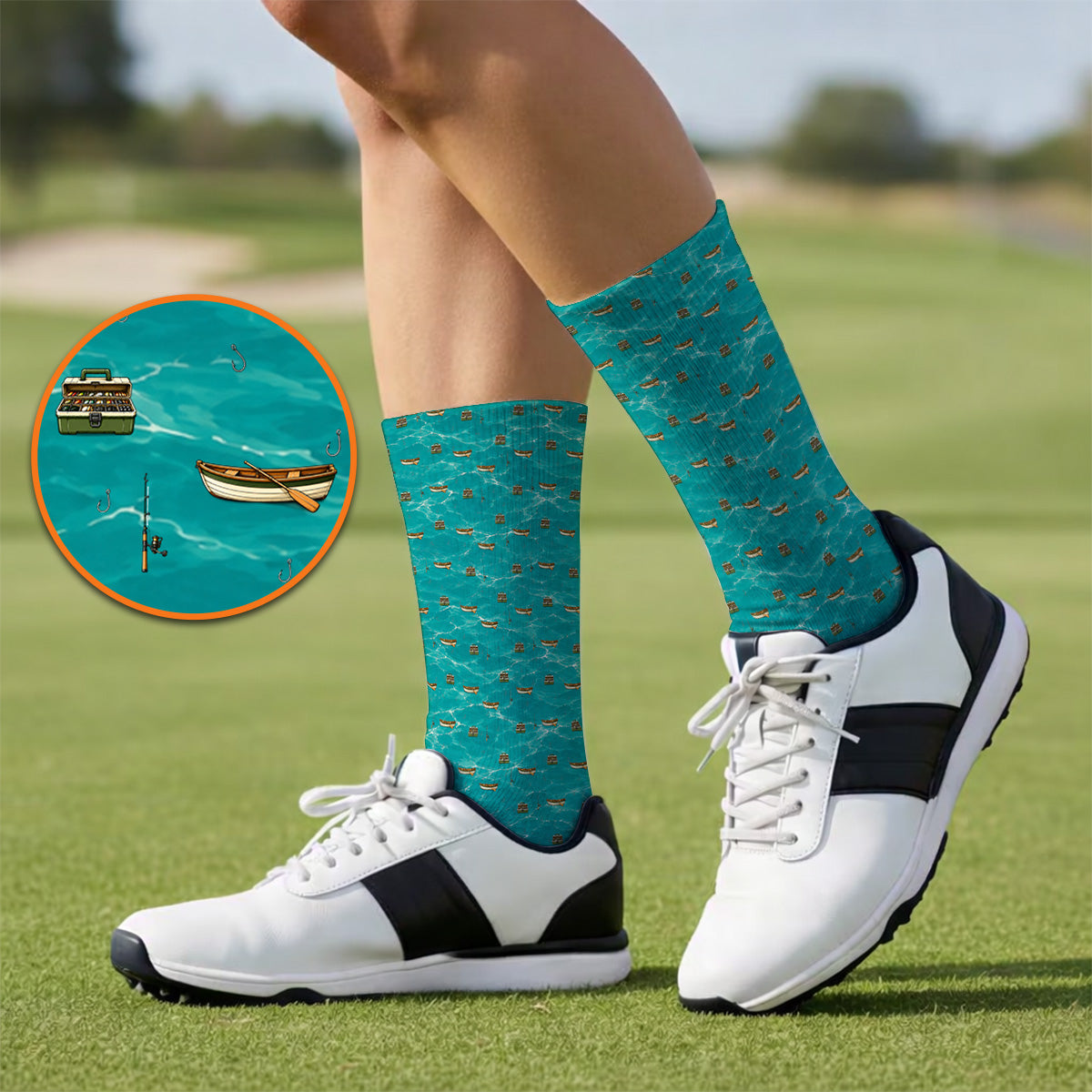 Fishing Pattern Golf Socks, Fishing Boat With Tackle Pattern Golf Sock, Unique Fishing Gift for Fishermen And Golfer