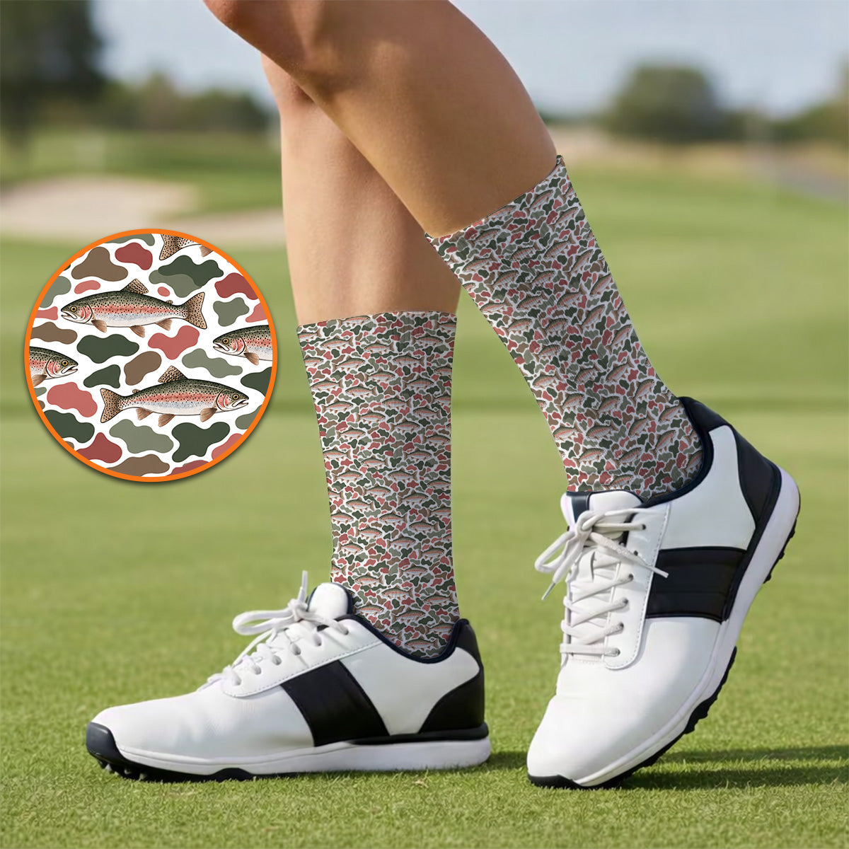 Rainbow Trout Camo Golf Socks, Trout Fishing Camouflage Pattern Golf Sock, Crazy Golf Gift For Golfer