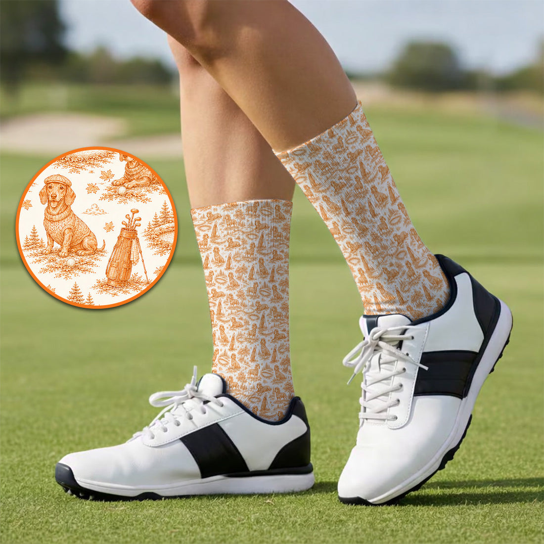 Dachshund Toile de Jouy Golf Socks, Autumn Wiener Dog Pattern Golf Sock, Crazy Golf Gift For Golfer