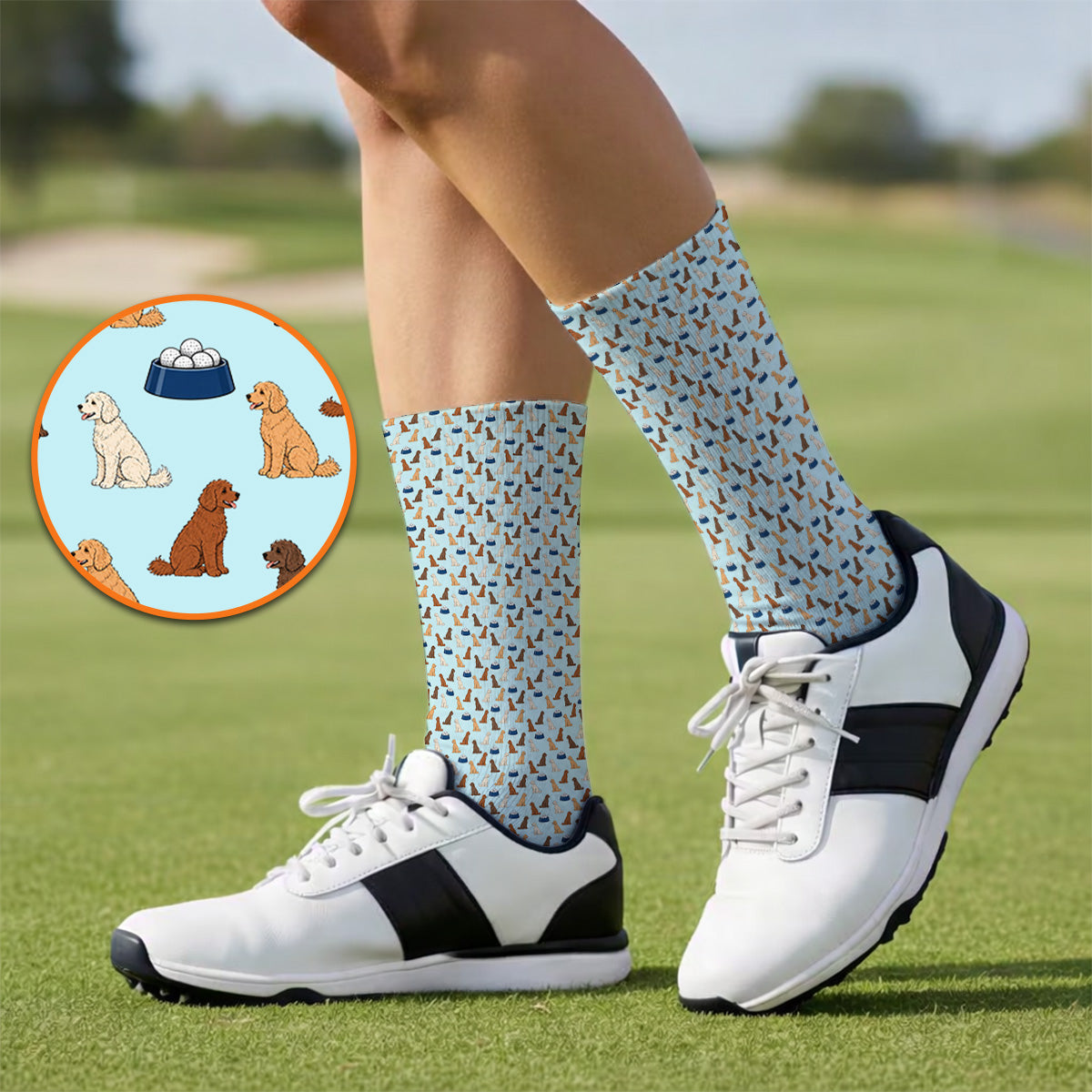 Funny Goldendoodle Pattern Golf Socks, Doodle Dog & Golf Ball Sock, Golf Gift for Golfers