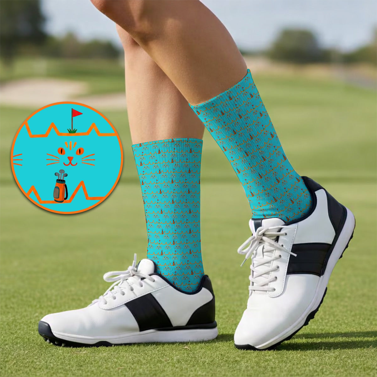 Cat Lover Golf Socks, Turquoise Cat Face & Golf Bag Pattern Golf Sock, Funny Kitty Golf Gift for Golfers