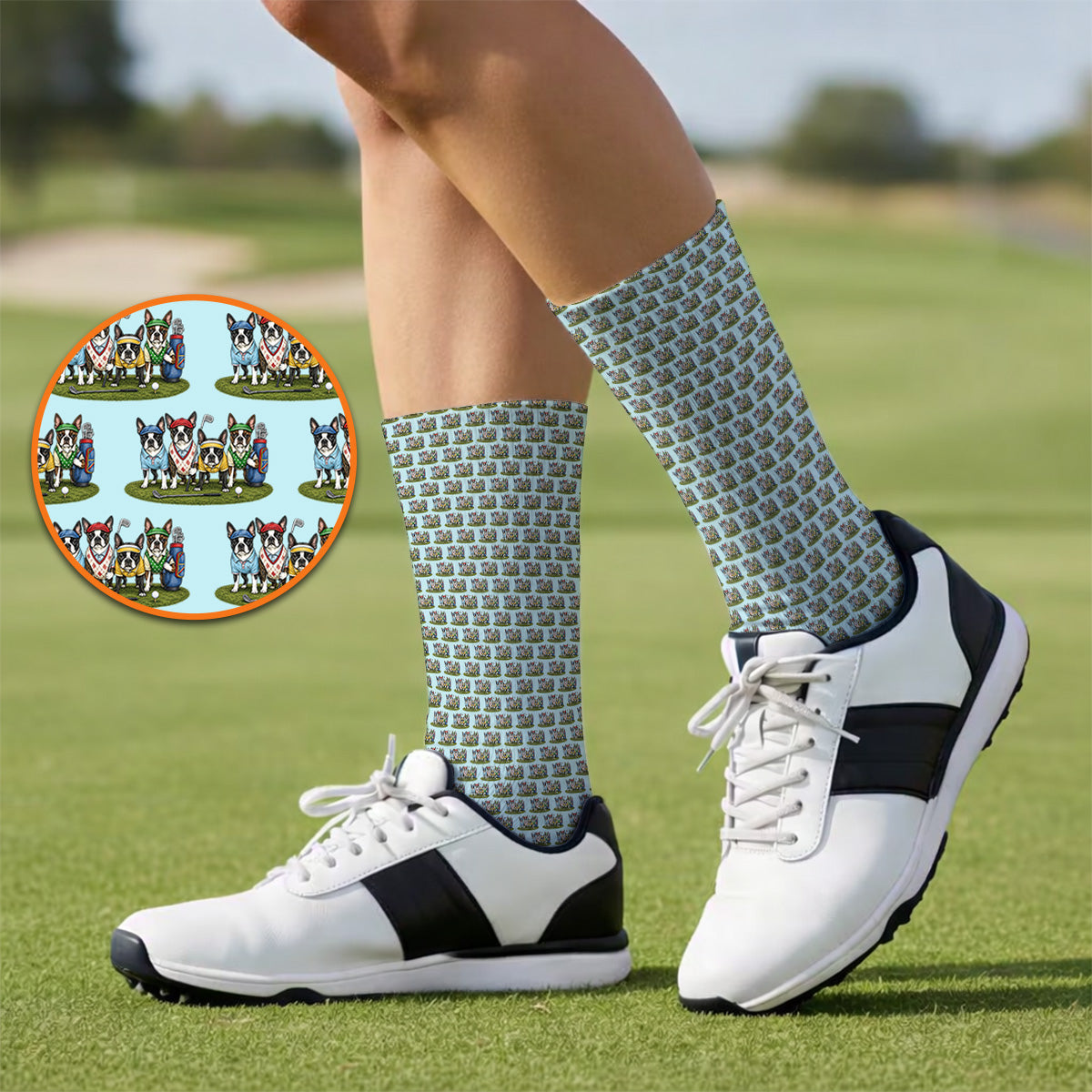 Boston Terrier Golf Pattern Socks, Funny Golfing Boston Terrier Sock, Dog Lover Golf Gift