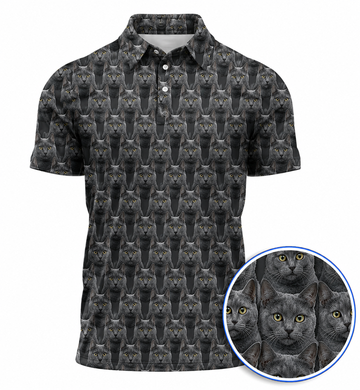 Russian Blue Cat Pattern Golf Polos, Funny Cat Lover Golf Shirt, Golf Gift For Golfer