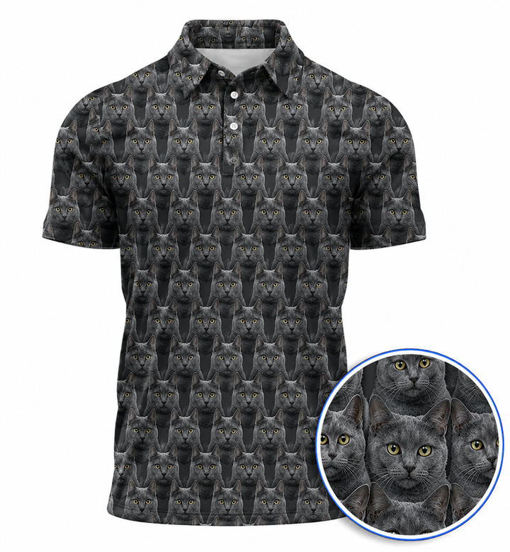 Russian Blue Cat Pattern Golf Polos, Funny Cat Lover Golf Shirt, Golf Gift For Golfer