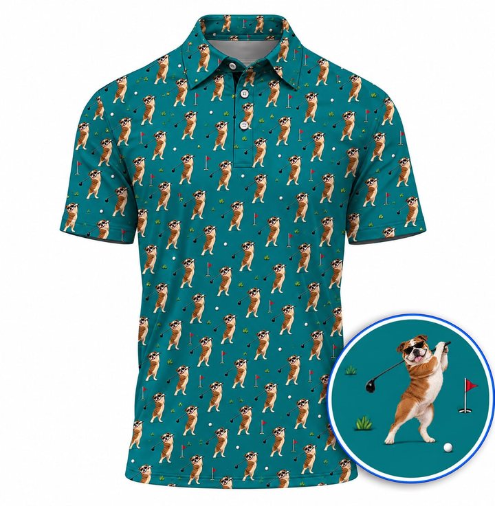 English Bulldog Golf Polos, English Bulldog Pattern Golf Shirt, Dog Lover Golf Gift
