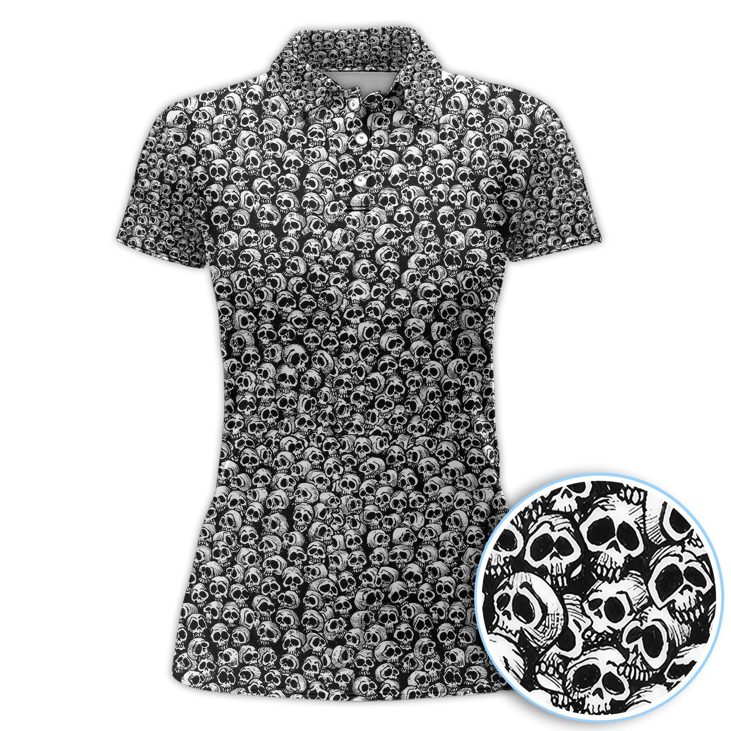Gothic Skull Pattern Golf Shirt, Dark Skeleton Print Polo Shirt, Halloween Style Shirt