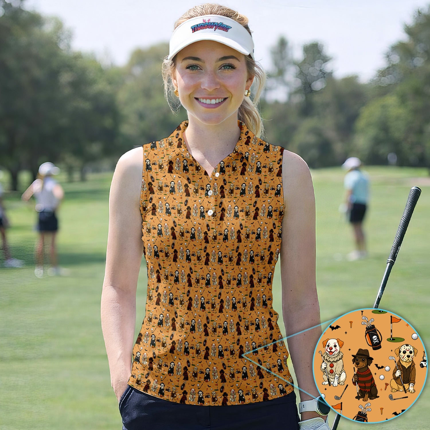 Funny Horror Dog Golf Pattern Shirt, Spooky Movie Dog Golf Shirt For Women, Halloween Golfer Gift