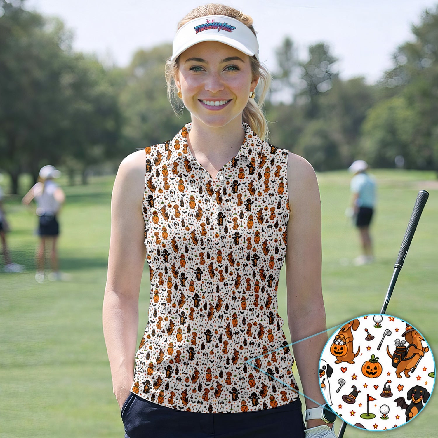 Halloween Dog Golf Polo Shirt for Women– Funny Spooky Golfer Pattern Polo