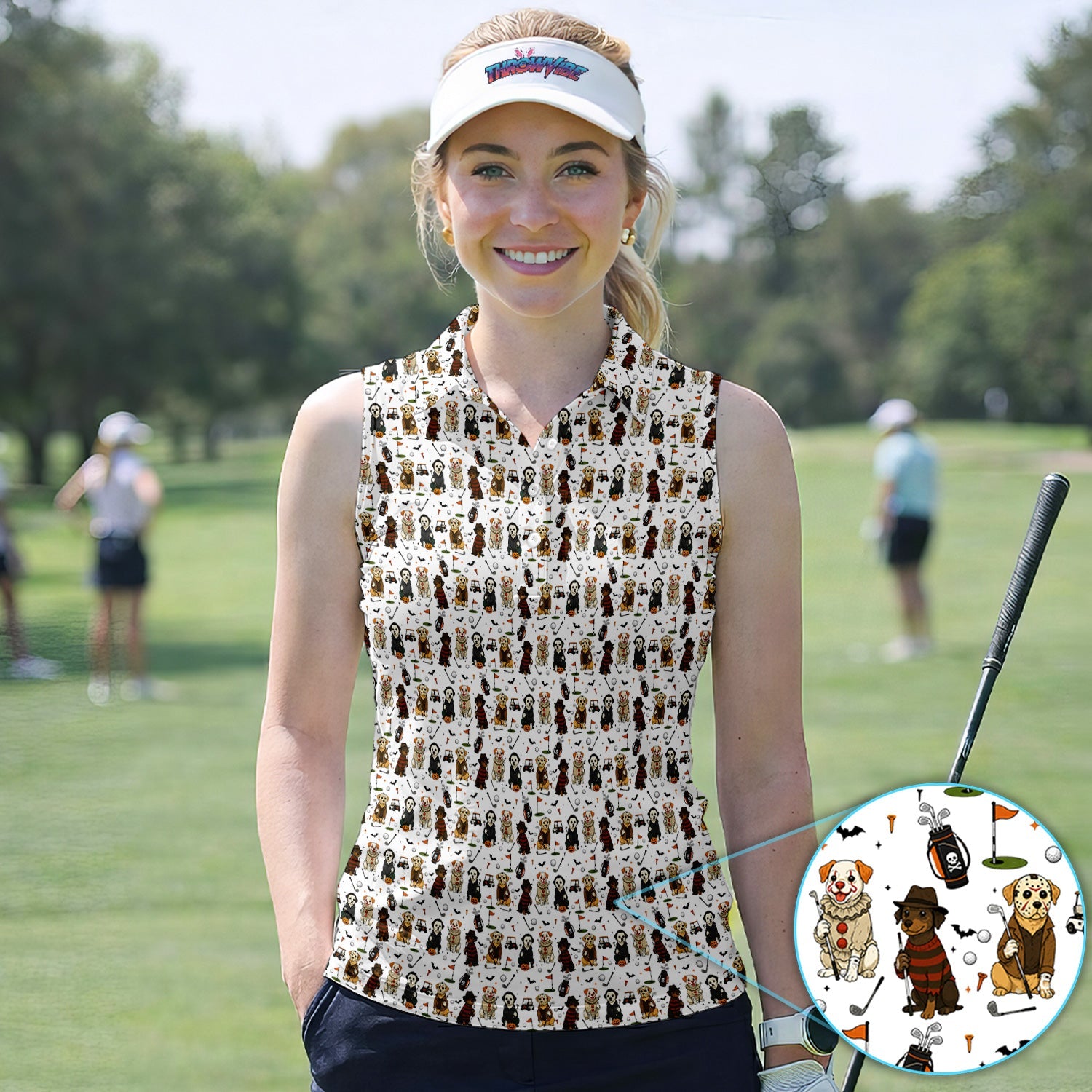 Spooky Slasher Dog Golf Pattern Shirt, Horror Pup Golf Polo For Women, Halloween Golf Lover Gift