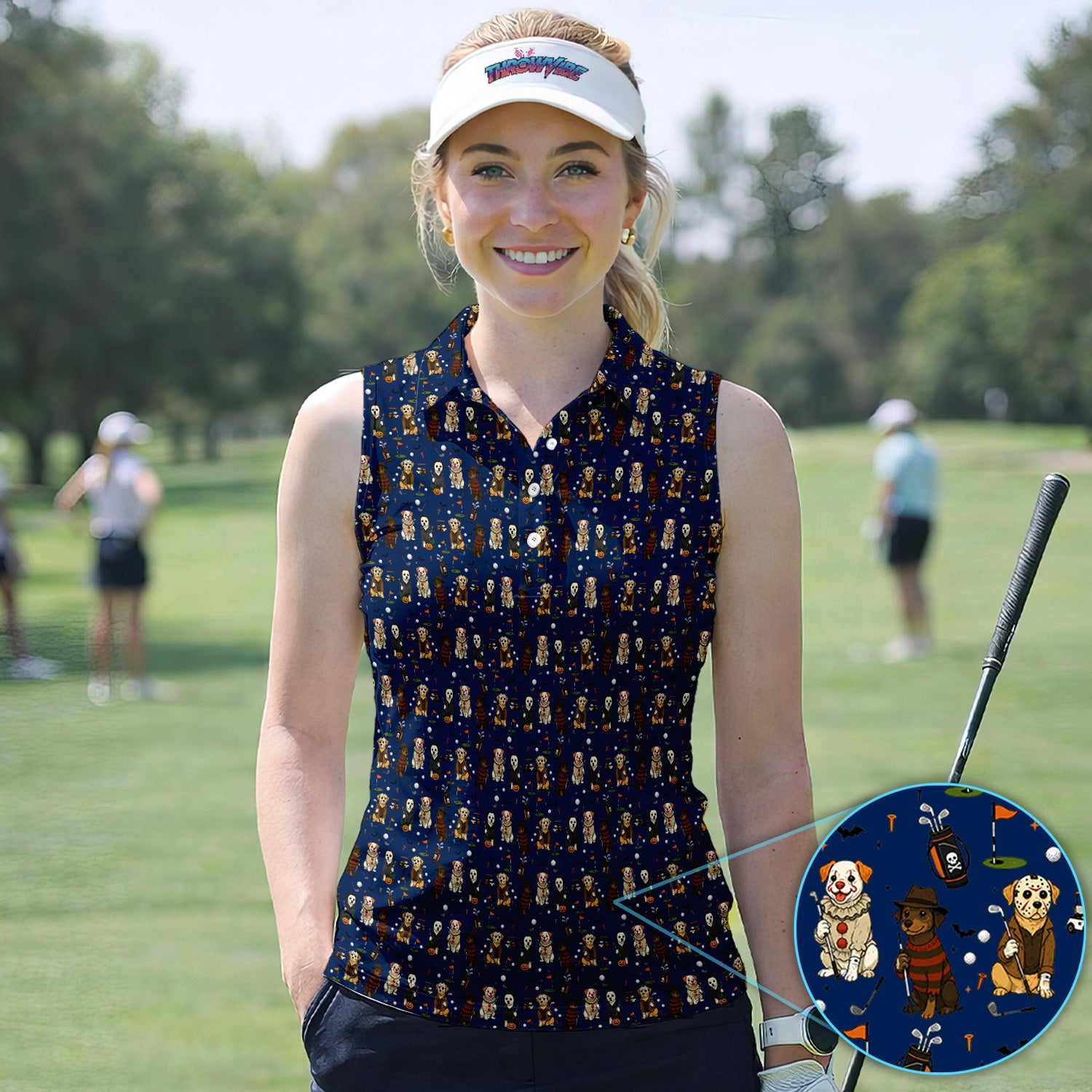 Funny Horror Dog Halloween Golf Pattern Shirt, Spooky Dog Golf Polo For Women, Halloween Golfer Gift