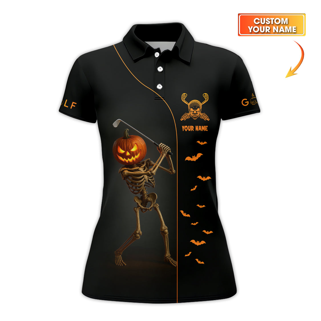 Custom Name Golf Polos, Halloween Skeleton Golf Shirt, Crazy Golf Shirts For Men's