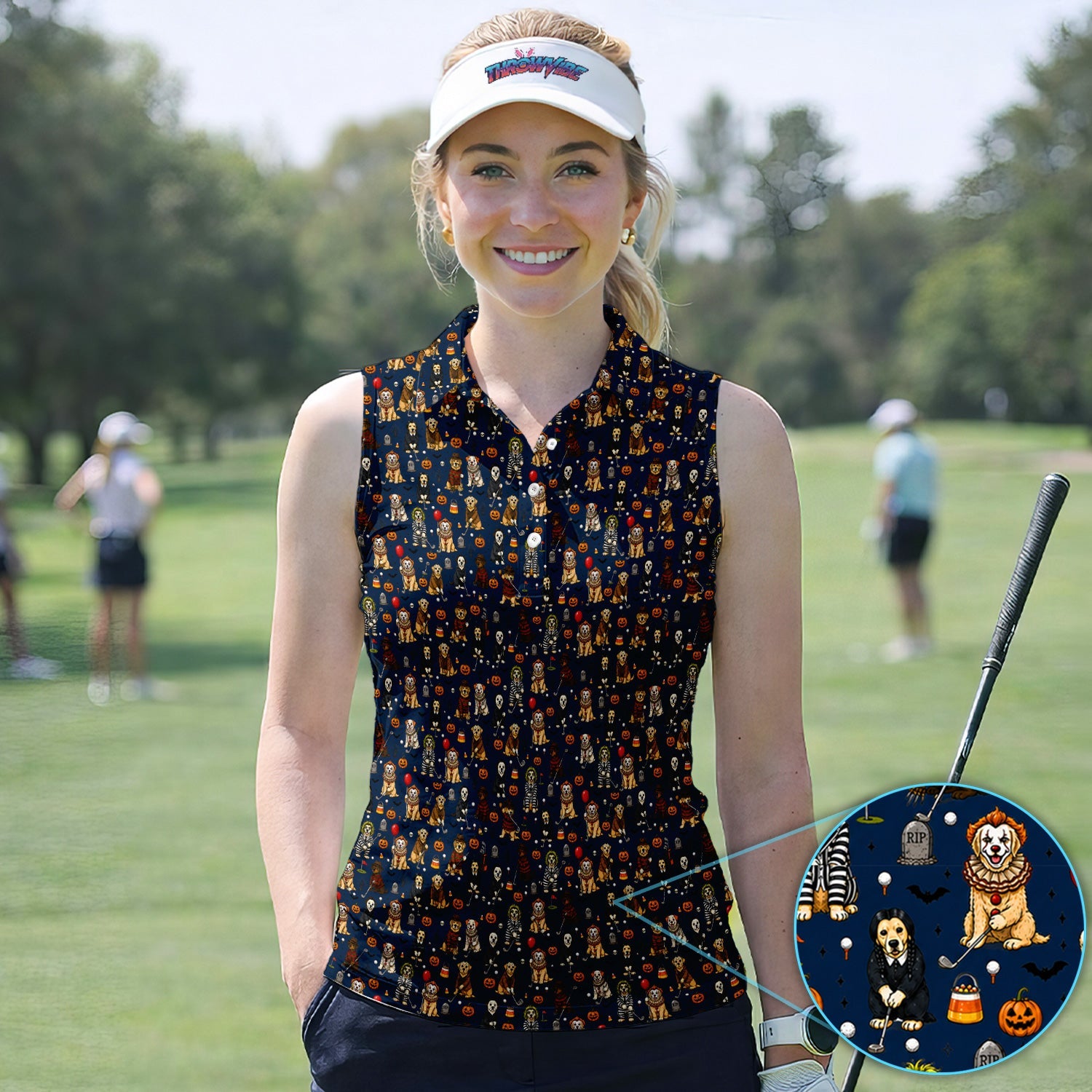 Funny Horror Dog Halloween Golf Pattern Shirt, Spooky Movie Dog Golf Shirt For Women, Halloween Golfer Gift