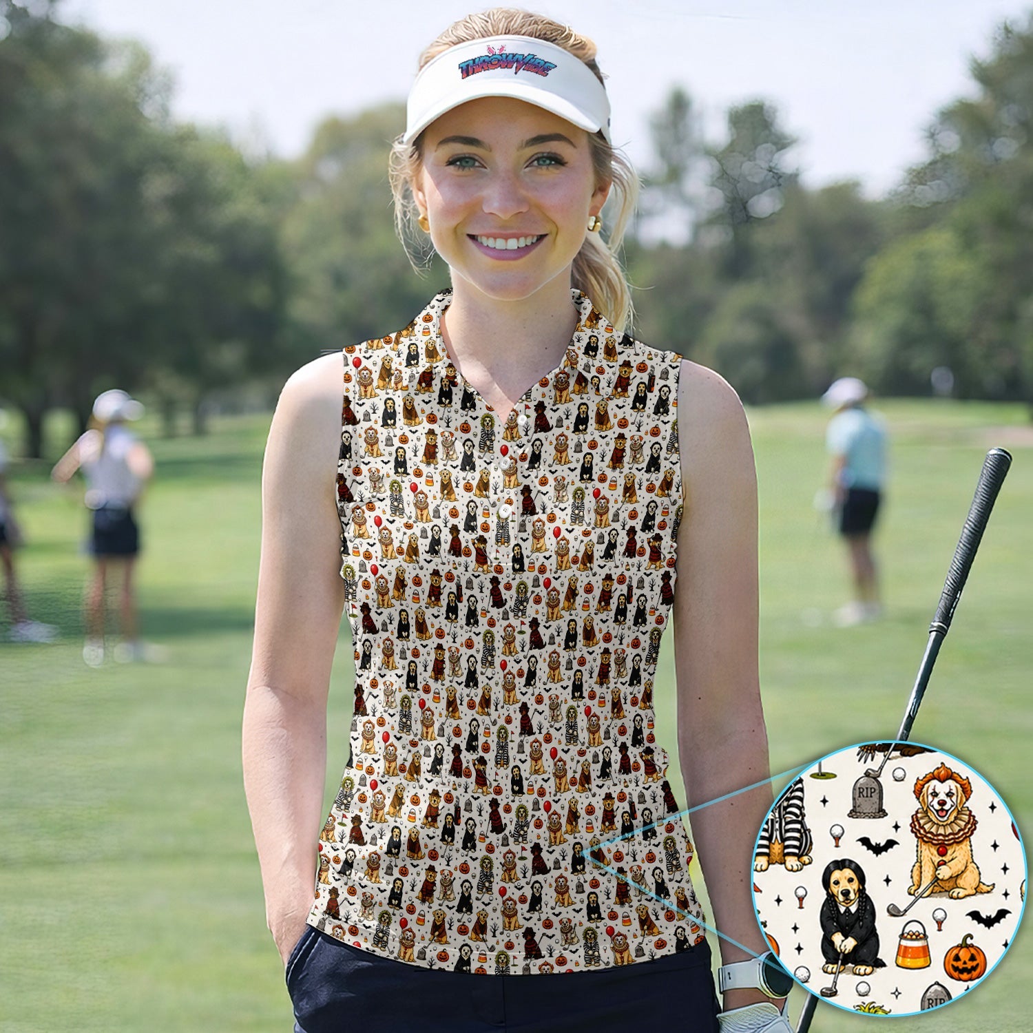 Funny Horror Dog Halloween Golf Pattern Shirt, Spooky Movie Dog Golf Shirt For Women, Halloween Golf Gift