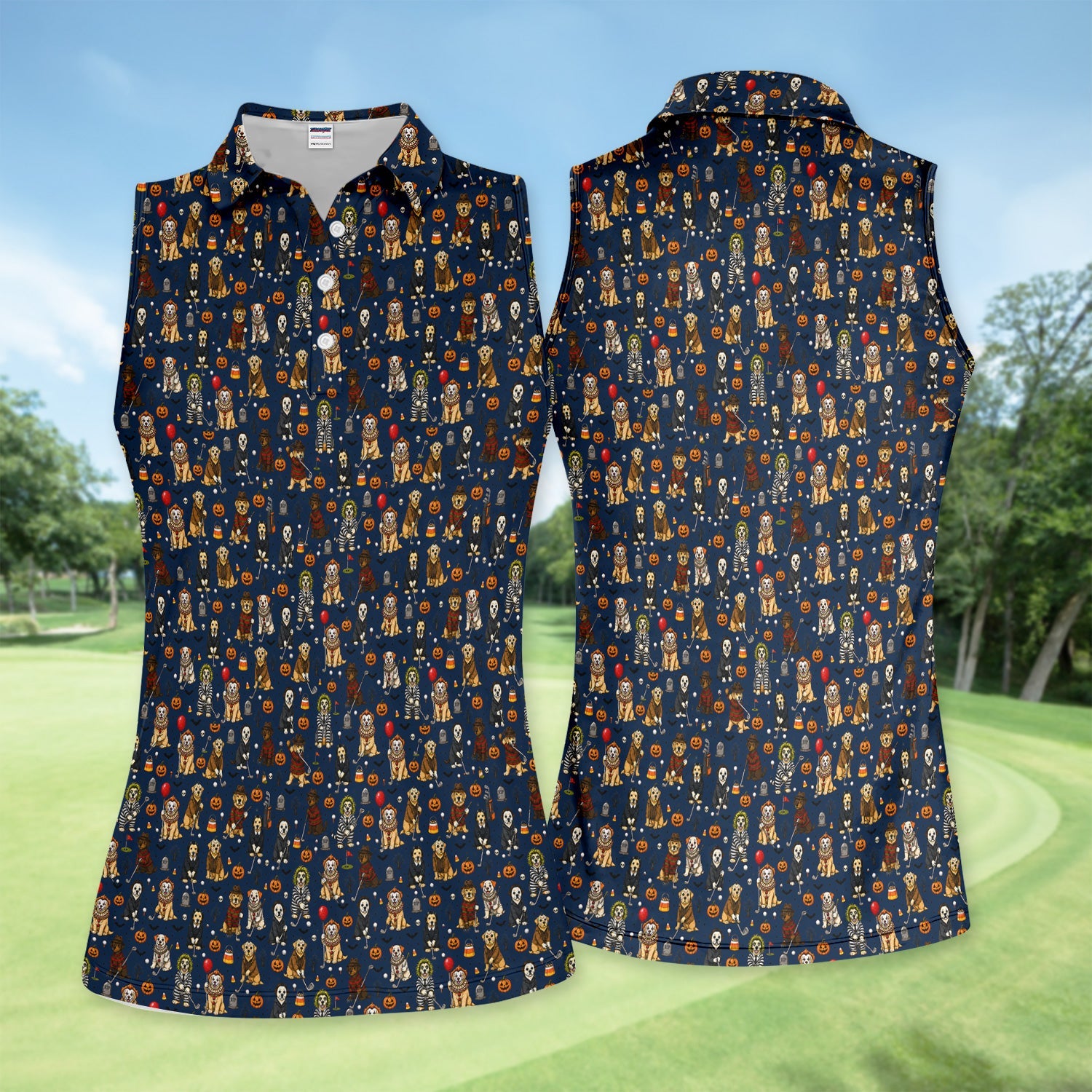 Funny Horror Dog Halloween Golf Pattern Shirt, Spooky Movie Dog Golf Shirt For Women, Halloween Golfer Gift