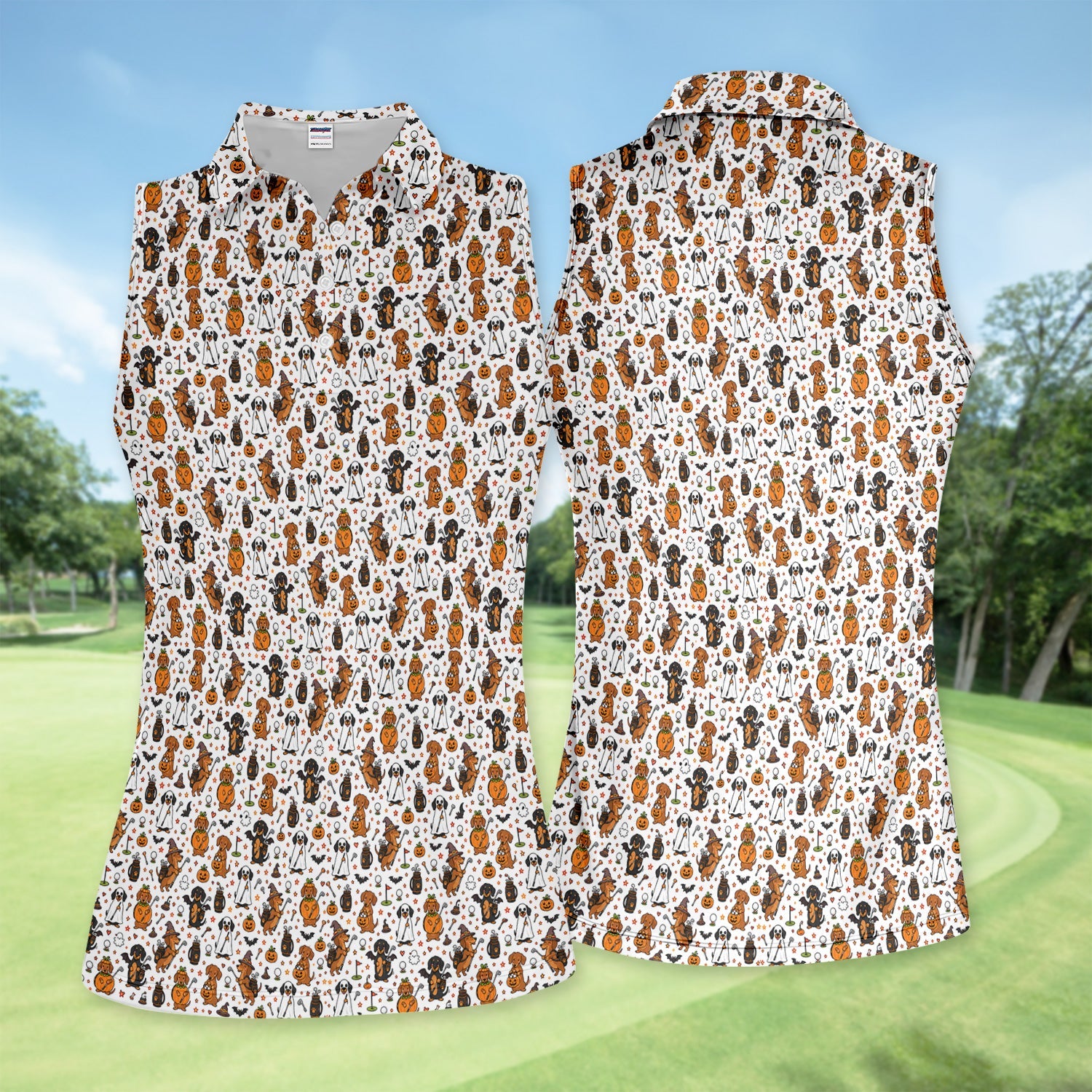 Halloween Dog Golf Polo Shirt for Women– Funny Spooky Golfer Pattern Polo