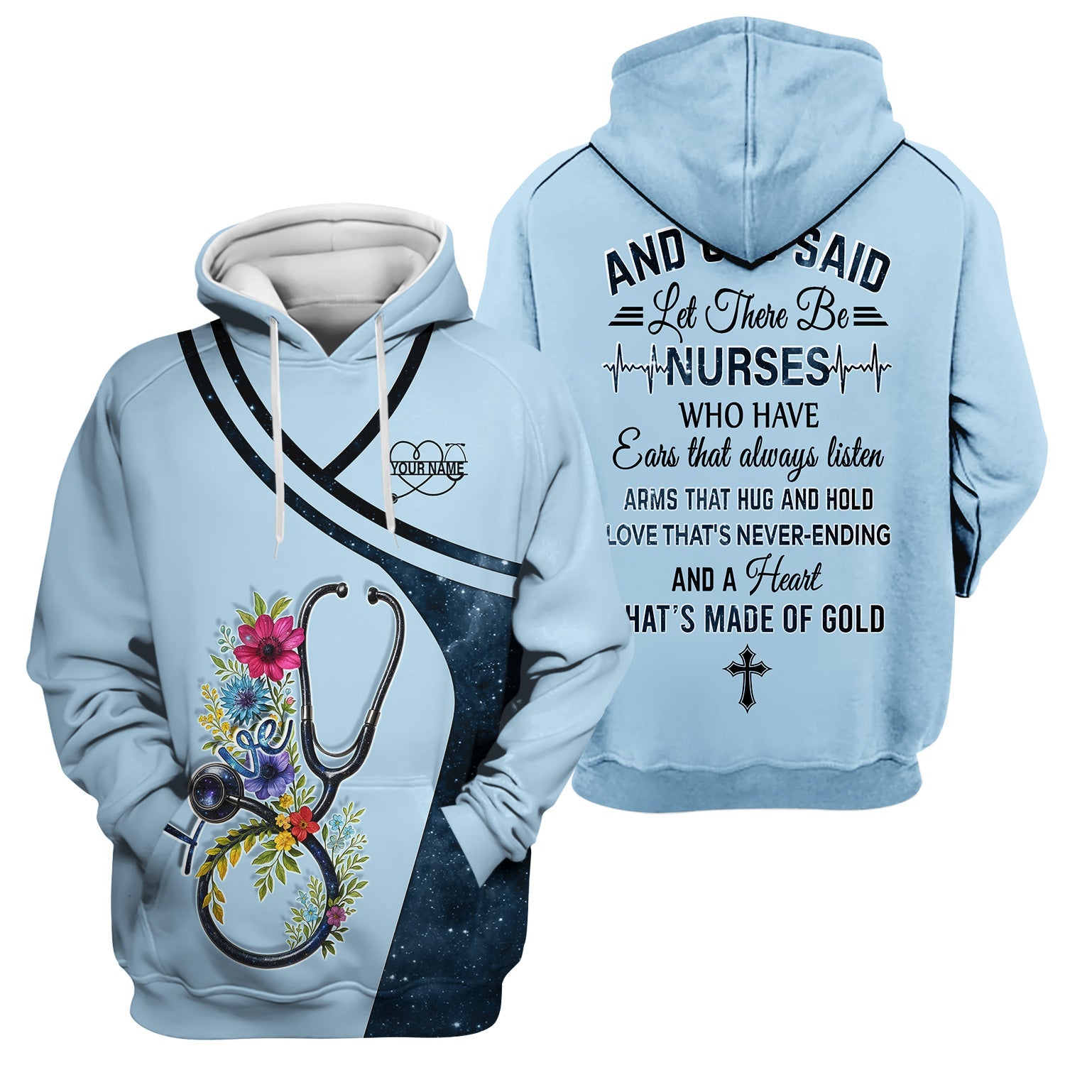 Personalized Nurse Love T-Shirt - Floral Stethoscope Galaxy Design - Custom Gift for RN LPN CNA Healthcare Workers