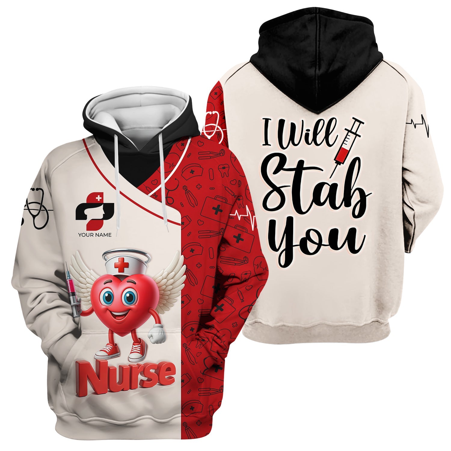 Custom Funny Nurse Shirt - Cartoon Heart with Syringe & Angel Wings - I Will Stab You Quote Gift for RN LPN CNA Medical Workers