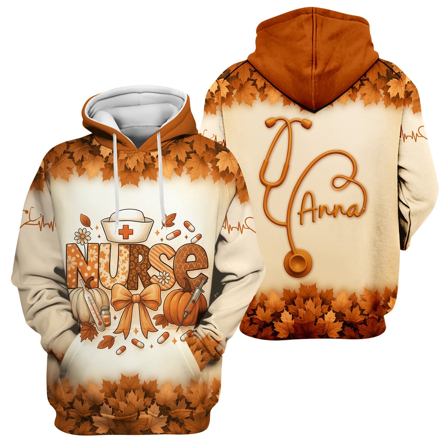 Custom Fall Nurse Shirt for Women - Stethoscope Name & Pumpkin Leaves Design - Cute Seasonal Gift for RN CNA LPN