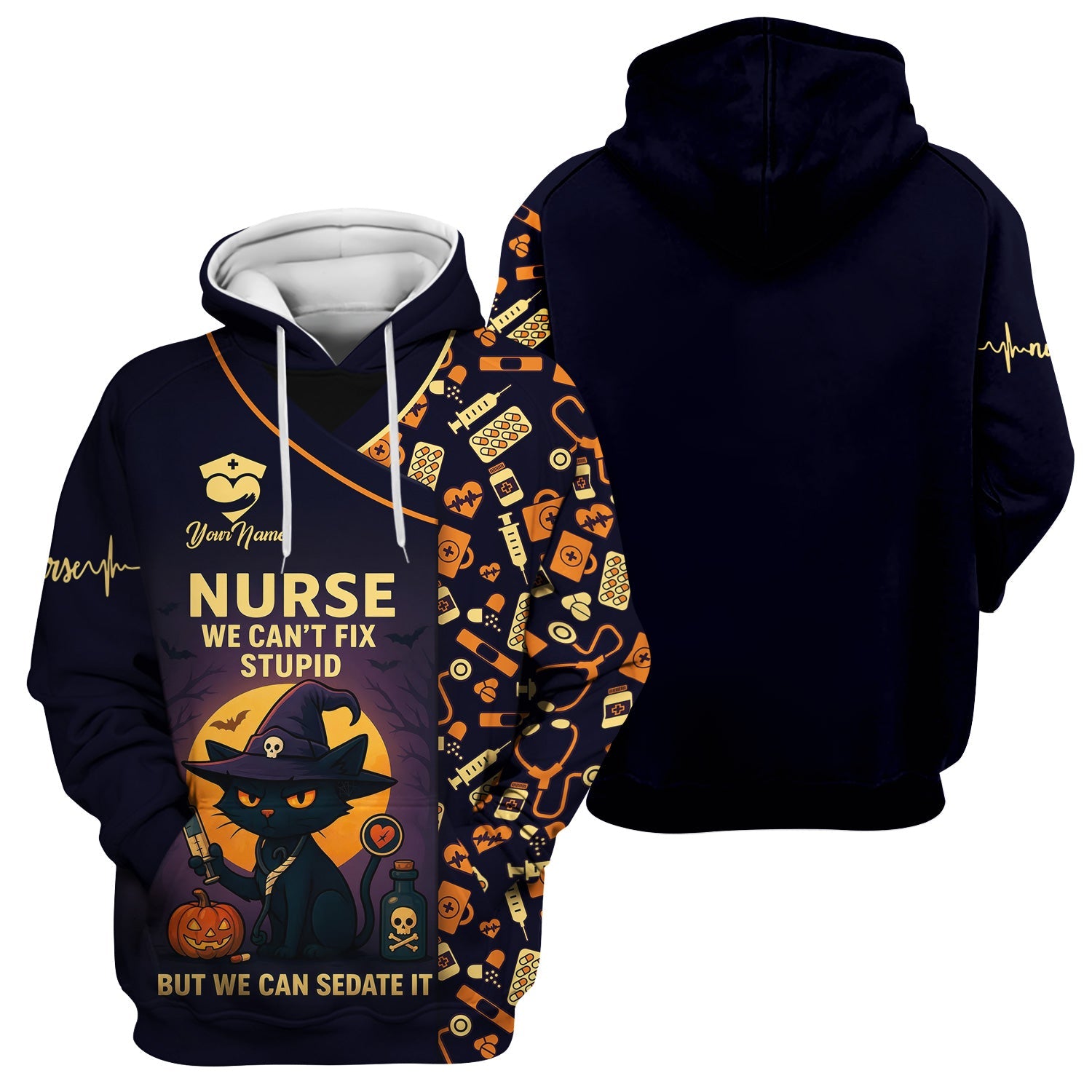 Personalized We Can't Fix Stupid Nurse Shirt - Spooky Black Cat Halloween Design - Custom Name Medical Gift for RN CNA Women