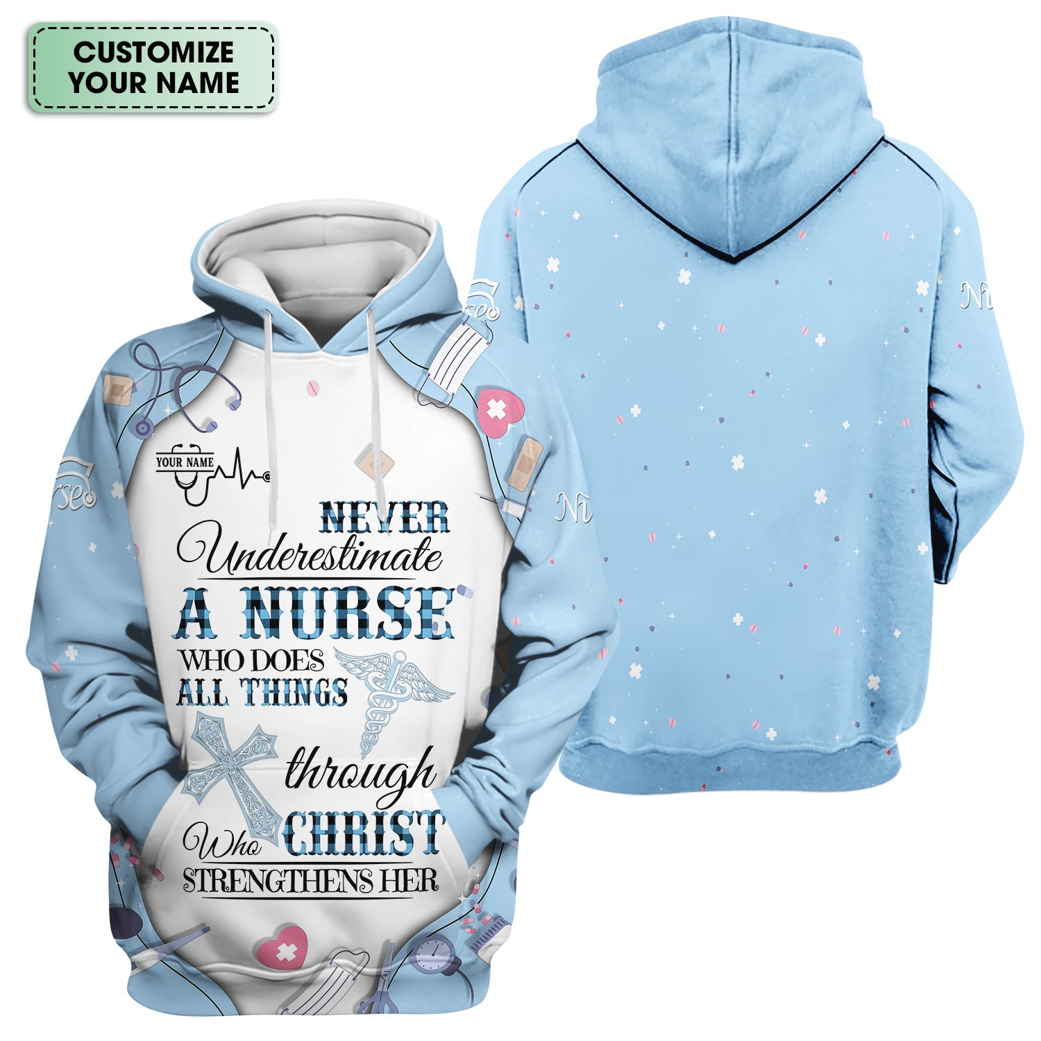 Personalized Christian Nurse Shirt for Women - All Things Through Christ Quote - Faith Medical Gift for RN LPN CNA Healthcare Workers