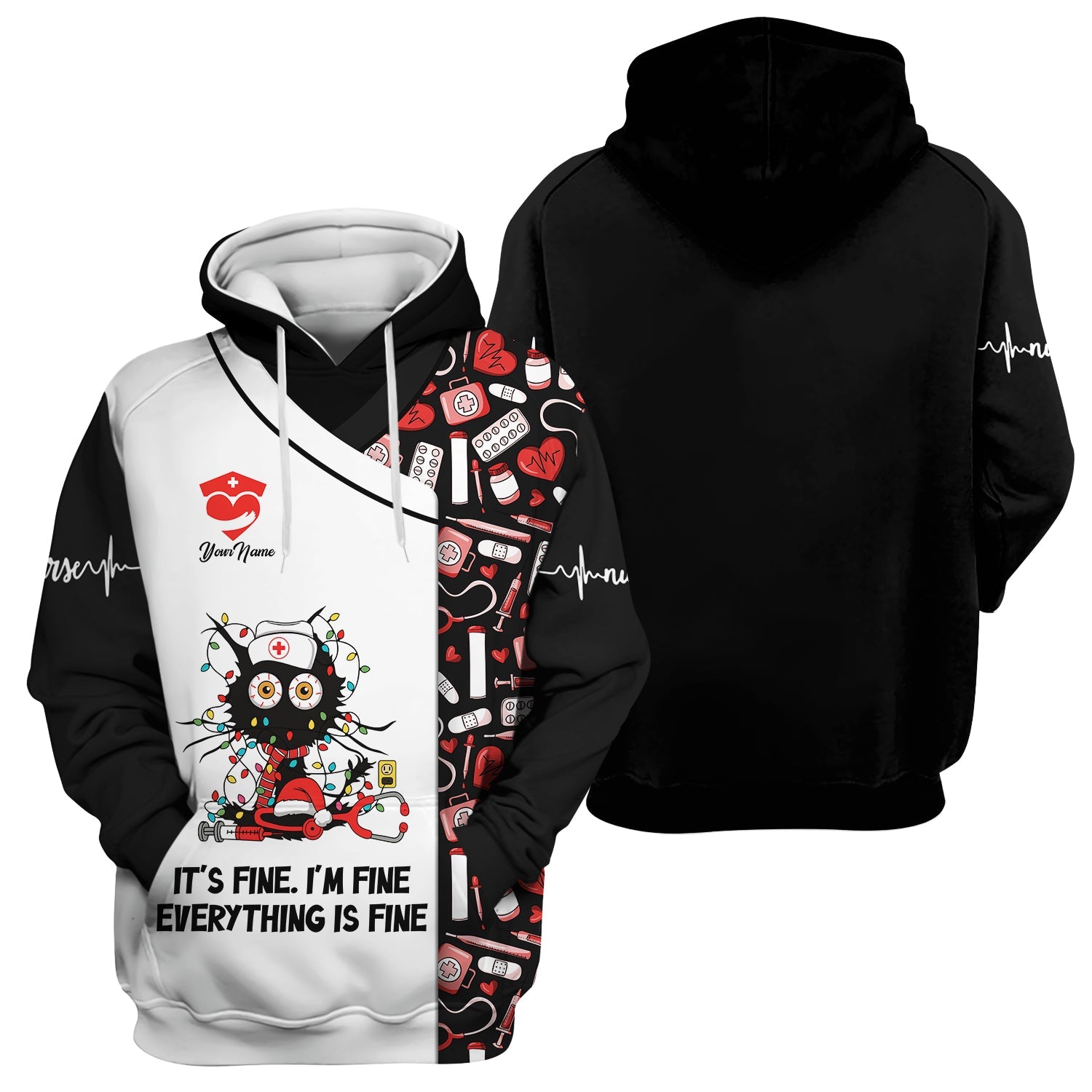 Personalized Sarcastic Nurse Shirt - Messy Black Cat with Christmas Lights Graphic Tee - Gift for Women RN, LPN, CNA