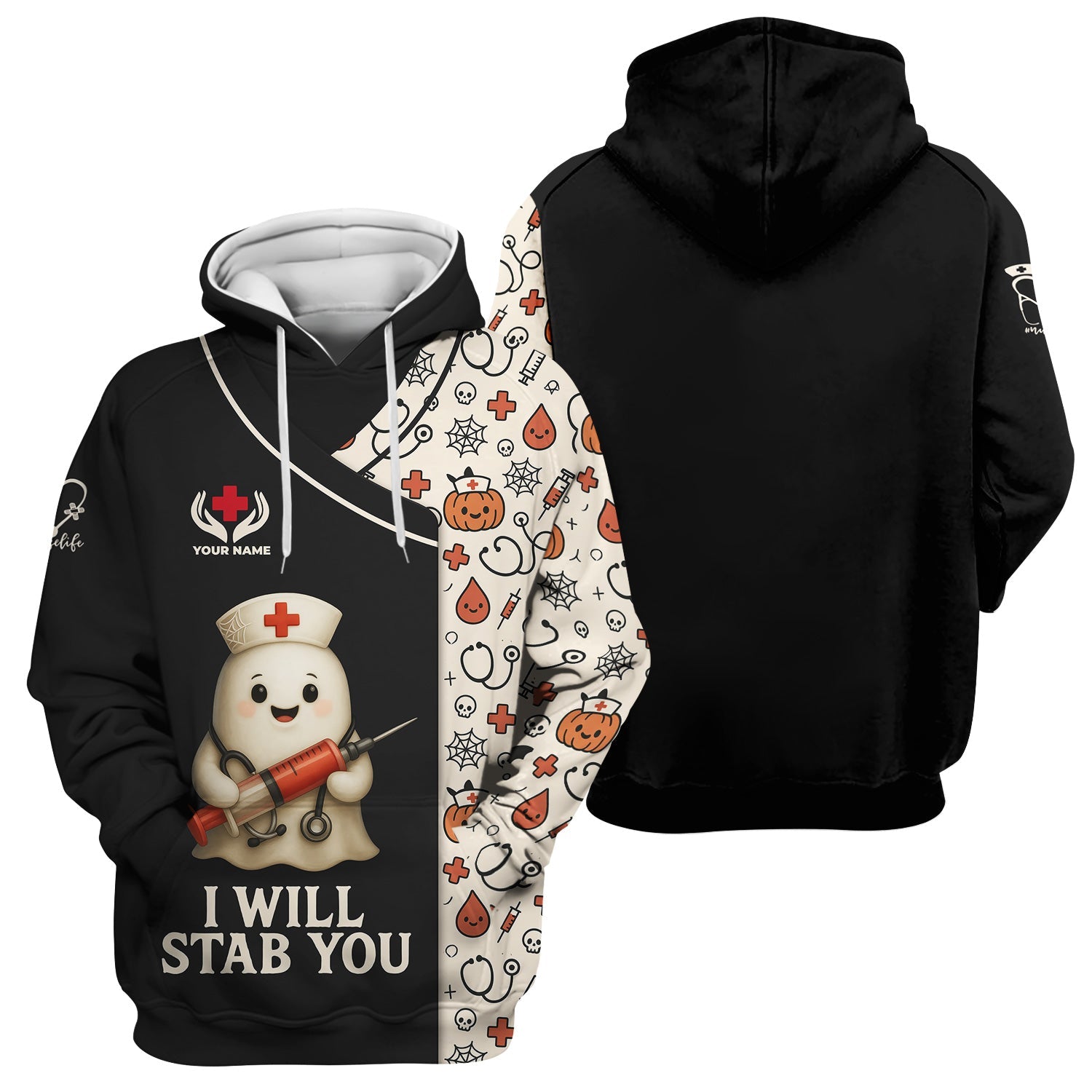 Personalized Halloween Medical Nurse T-Shirt - Funny Ghost with I Will Stab You Quote - Custom Name Gift for RN LPN CNA Healthcare Professionals